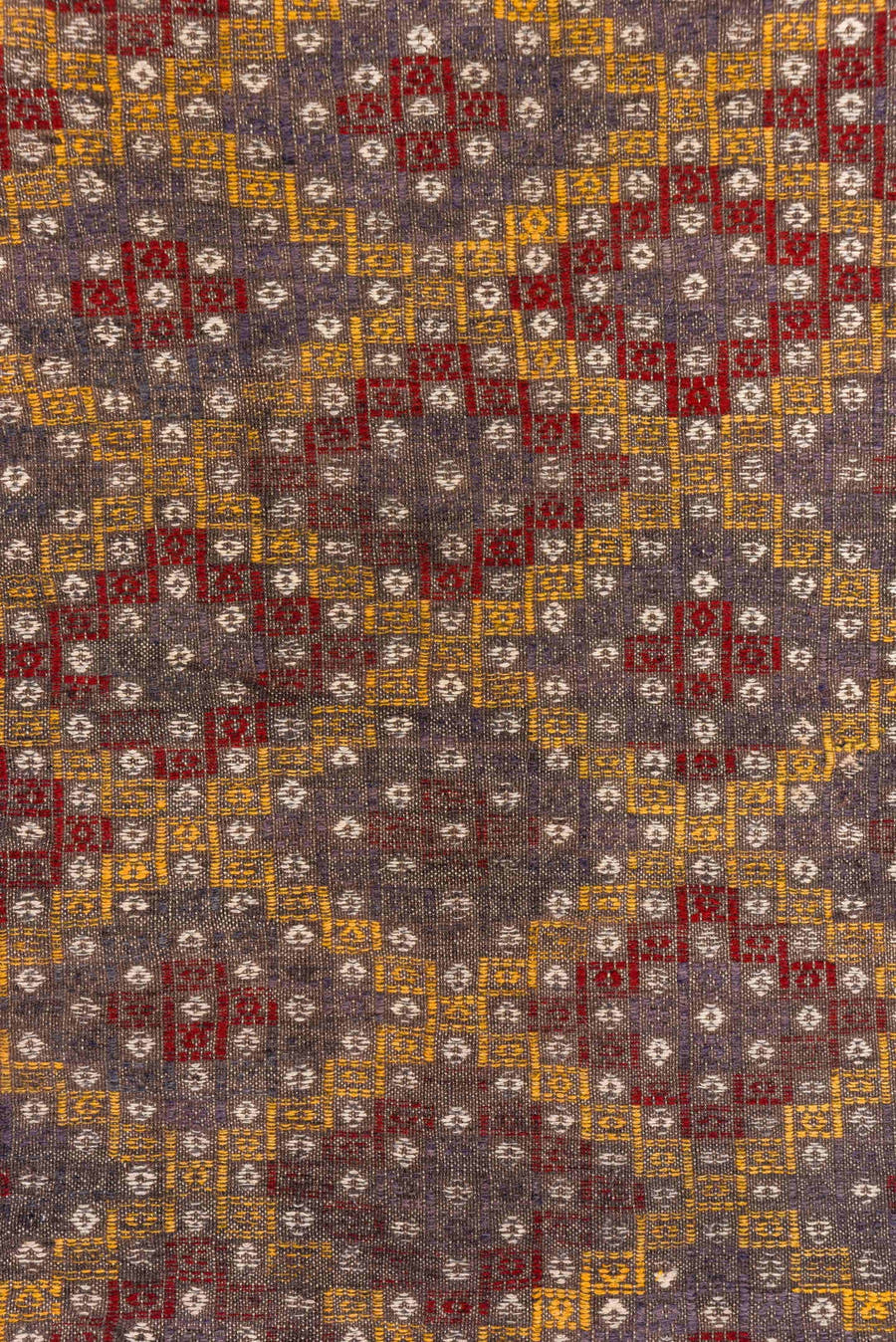 6' x 7' one-of-a-kind handmade vintage Jijim rug. Color palette: taupe, rust, gold, ivory, crimson, brown, beige, gray