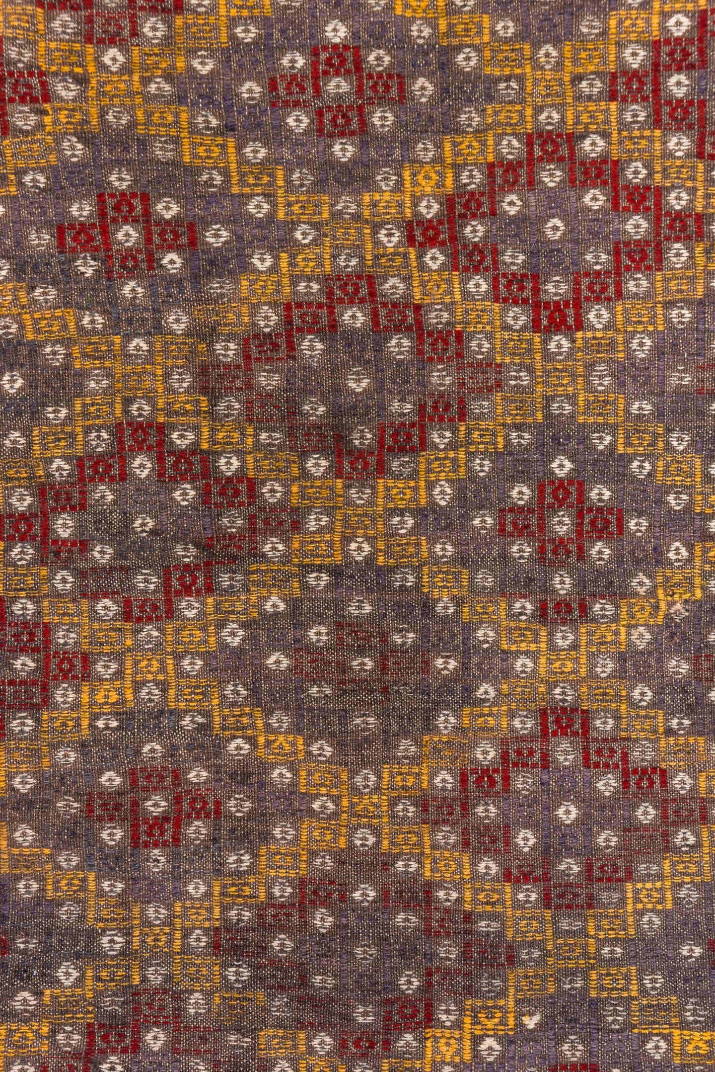 6' x 7' one-of-a-kind handmade vintage Jijim rug. Color palette: taupe, rust, gold, ivory, crimson, brown, beige, gray