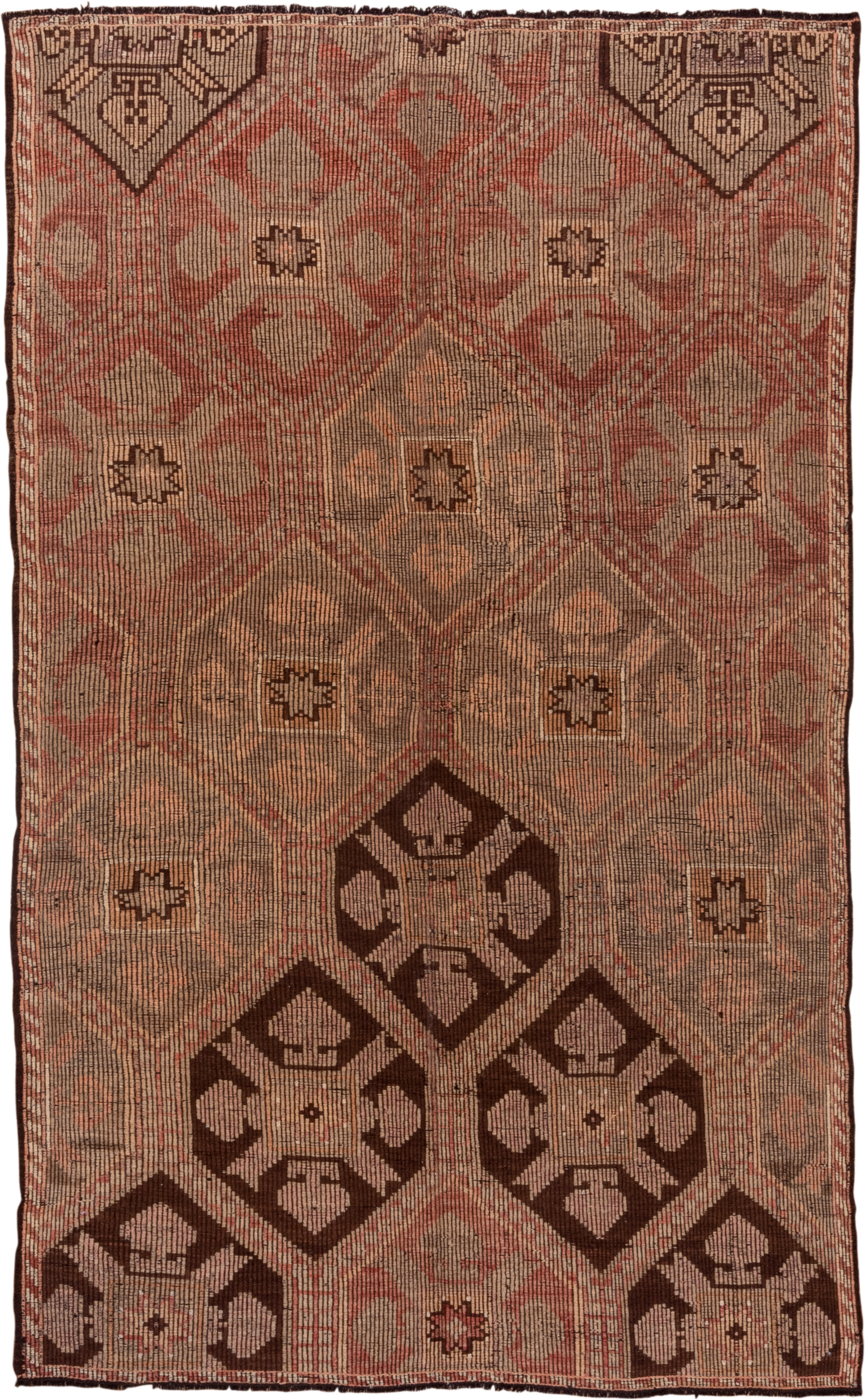 6' x 9' one-of-a-kind handmade vintage Jijim medium size rug. Color palette: camel, taupe, dark brown, terra cotta, rose