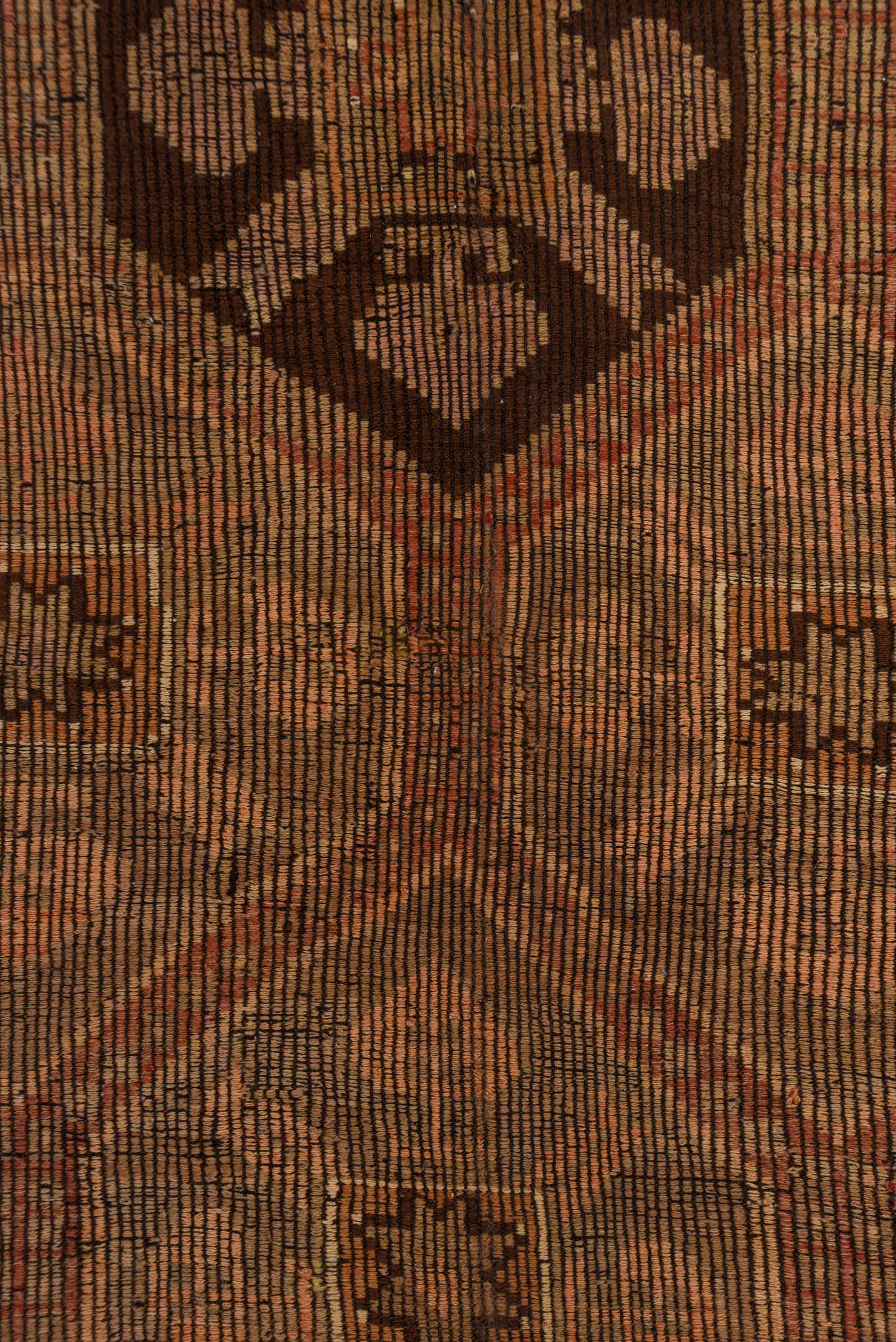 6' x 9' one-of-a-kind handmade vintage Jijim medium size rug. Color palette: camel, taupe, dark brown, terra cotta, rose