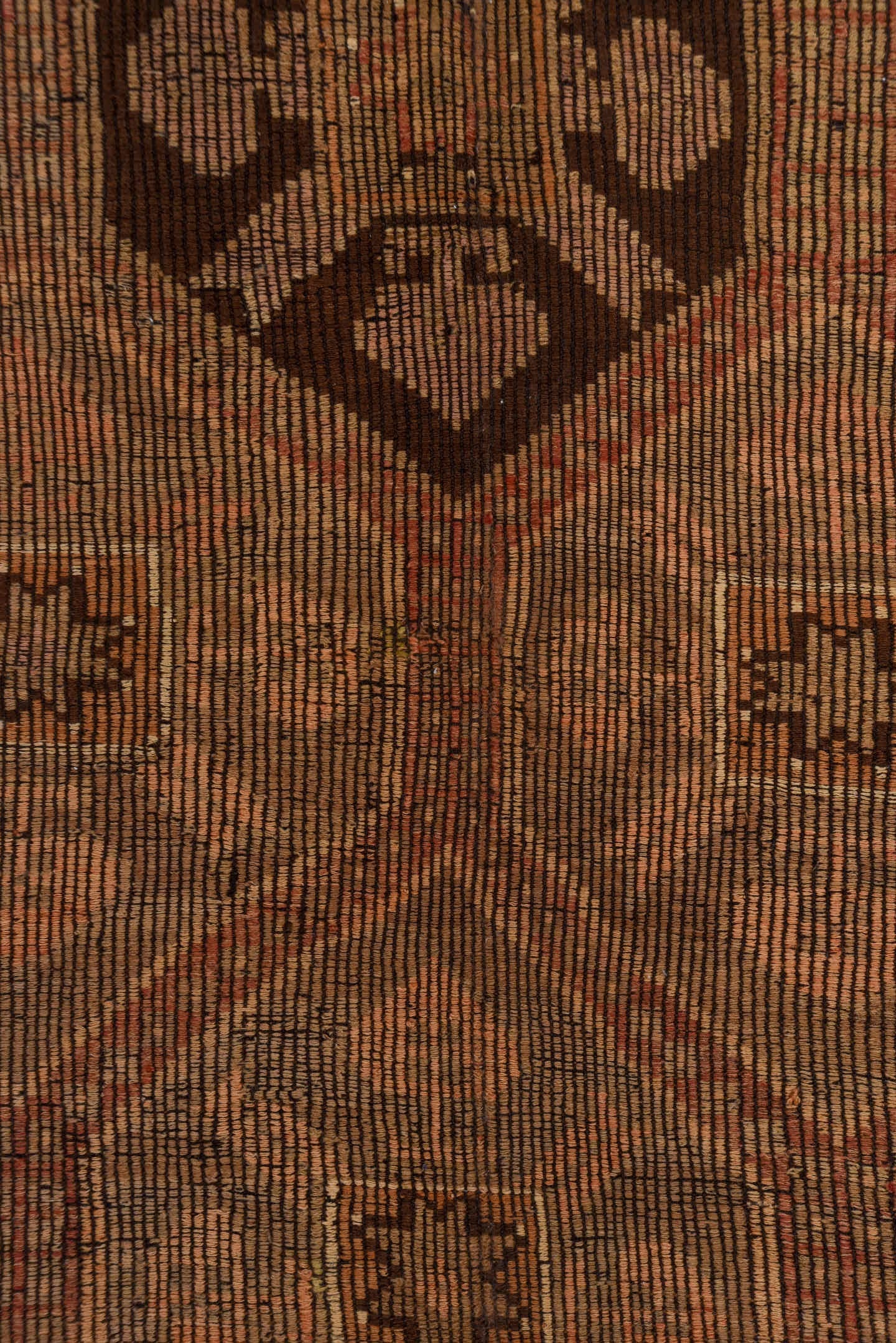 6' x 9' one-of-a-kind handmade vintage Jijim medium size rug. Color palette: camel, taupe, dark brown, terra cotta, rose