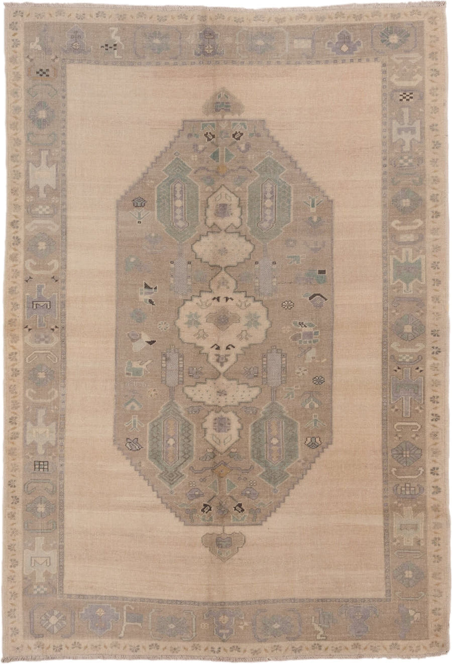 6' x 8' one-of-a-kind handmade vintage Oushak medium size rug. Color palette: ivory, taupe, beige, sage, pale blue, camel