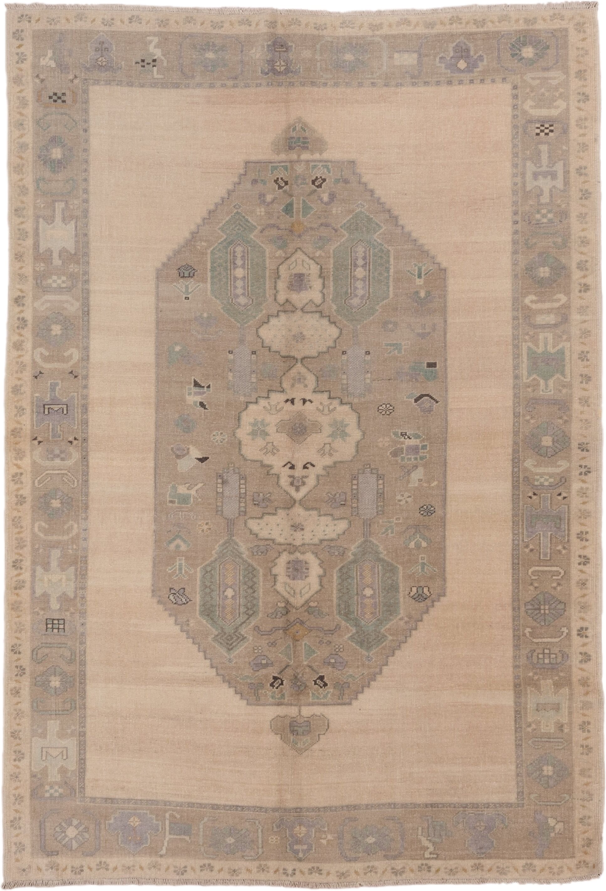 6' x 8' one-of-a-kind handmade vintage Oushak medium size rug. Color palette: ivory, taupe, beige, sage, pale blue, camel