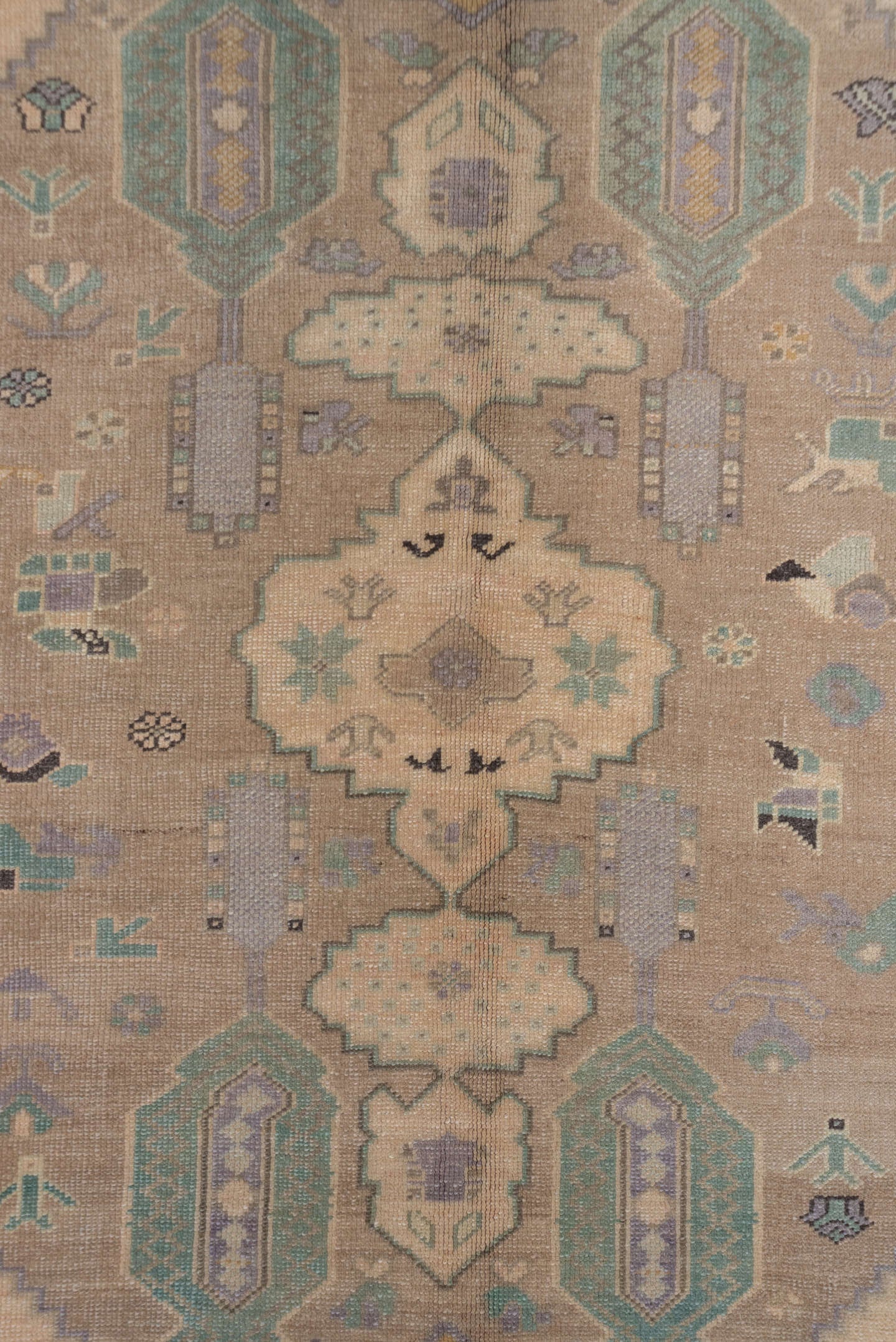 6' x 8' one-of-a-kind handmade vintage Oushak medium size rug. Color palette: ivory, taupe, beige, sage, pale blue, camel