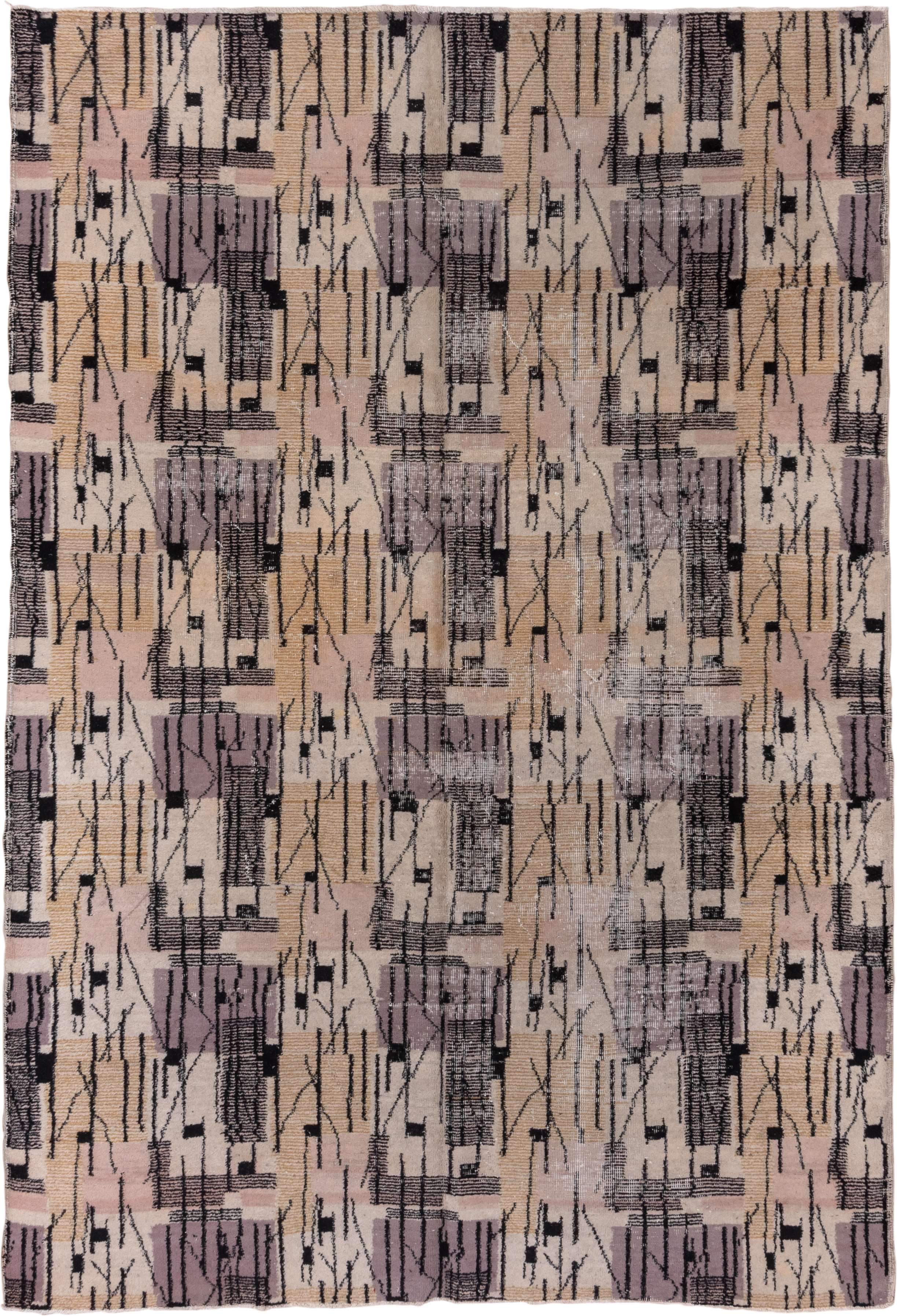 6' x 10' one-of-a-kind handmade vintage Art Deco large size rug. Color palette: ivory, charcoal, taupe, lavender, blush