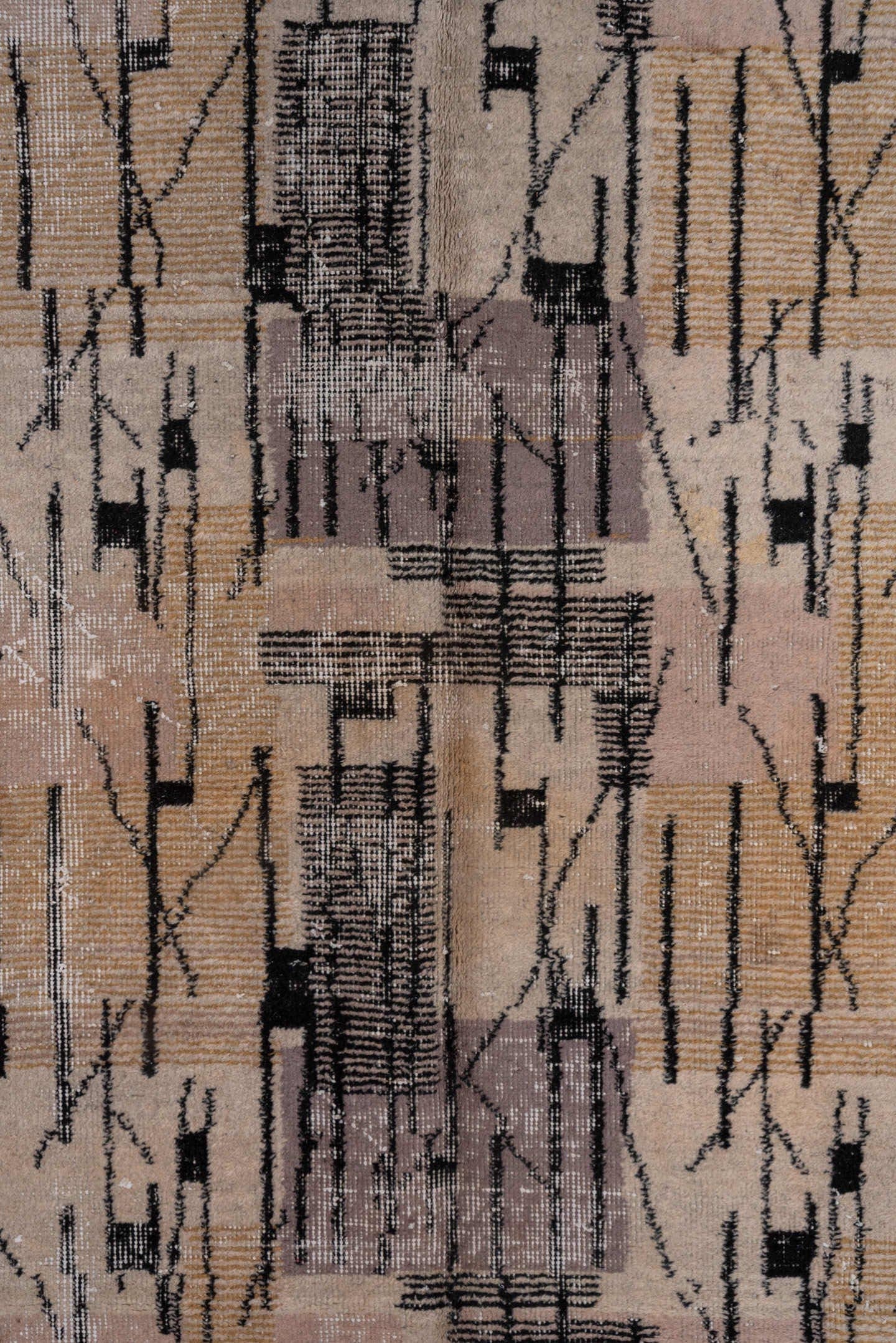6' x 10' one-of-a-kind handmade vintage Art Deco large size rug. Color palette: ivory, charcoal, taupe, lavender, blush