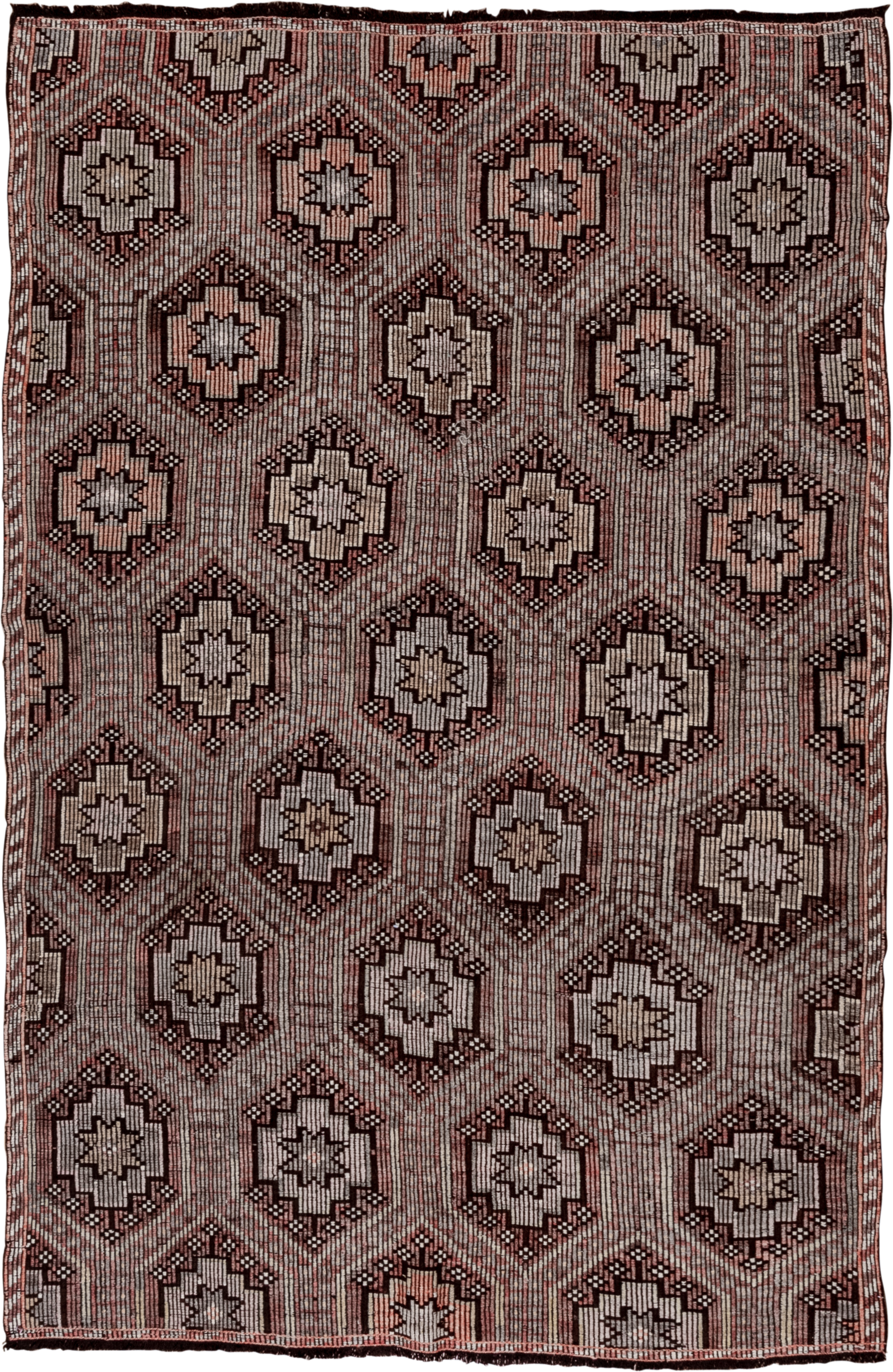 5' x 8' one-of-a-kind handmade vintage Jijim medium size rug. Color palette: rose, ivory, brown, taupe, charcoal, pink, red