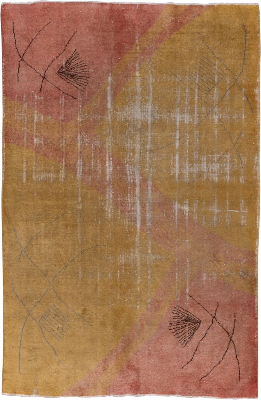5' x 8' one-of-a-kind handmade vintage Zeki Muran medium size rug. Color palette: gold, dusty_rose, ivory, taupe, charcoal