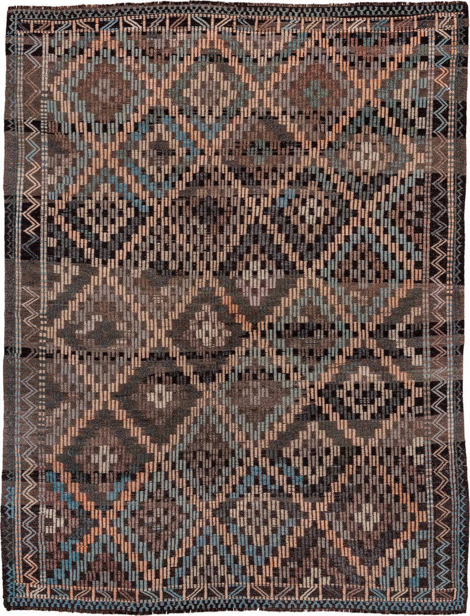 6' x 8' one-of-a-kind handmade vintage Jijim medium size rug. Color palette: brown, charcoal, camel, taupe, ivory, turquoise
