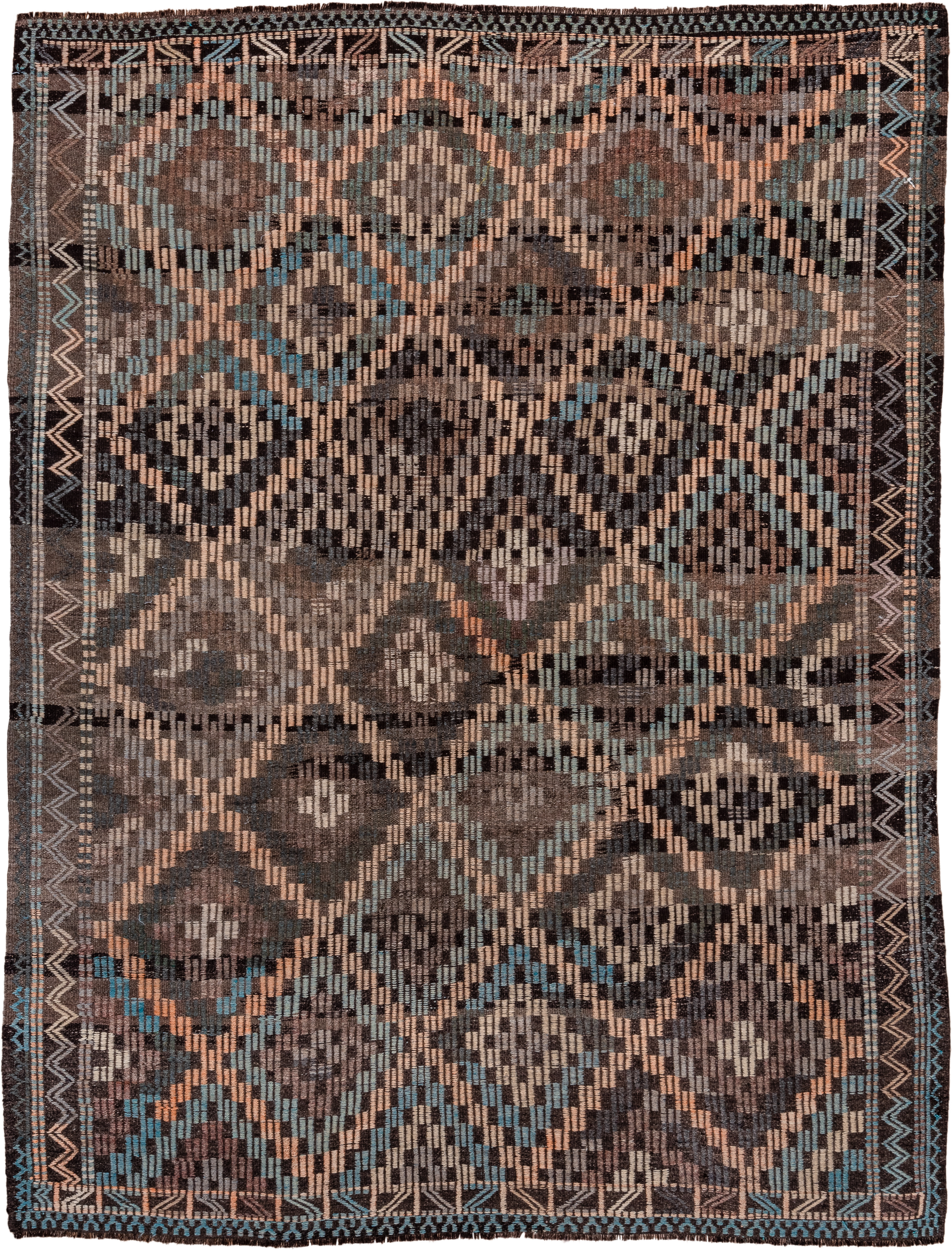 6' x 8' one-of-a-kind handmade vintage Jijim medium size rug. Color palette: brown, charcoal, camel, taupe, ivory, turquoise