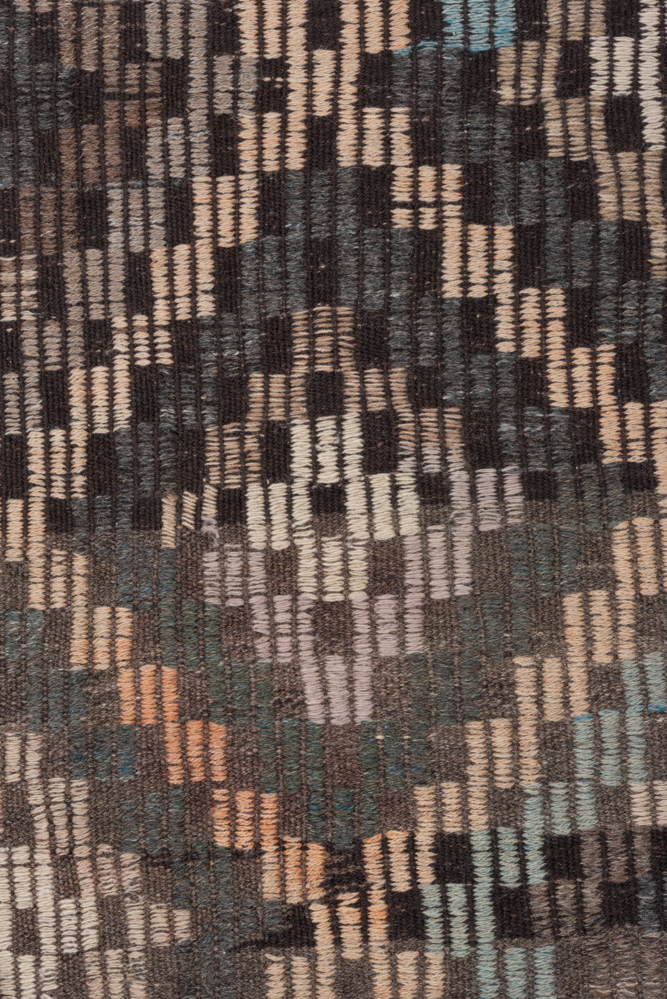 6' x 8' one-of-a-kind handmade vintage Jijim medium size rug. Color palette: brown, charcoal, camel, taupe, ivory, turquoise