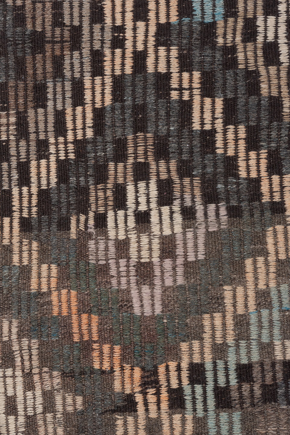 6' x 8' one-of-a-kind handmade vintage Jijim medium size rug. Color palette: brown, charcoal, camel, taupe, ivory, turquoise