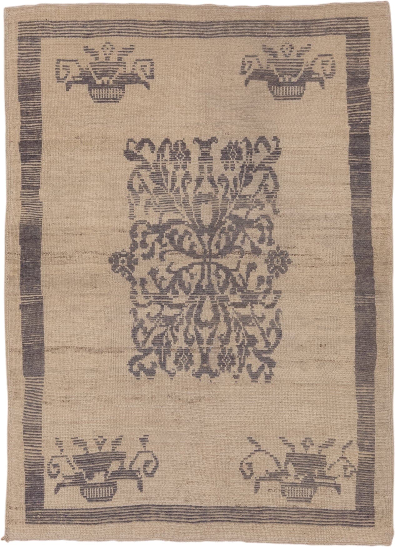 4' x 5' one-of-a-kind handmade vintage Tulu small size rug. Color palette: ivory, taupe, charcoal, beige, gray, black