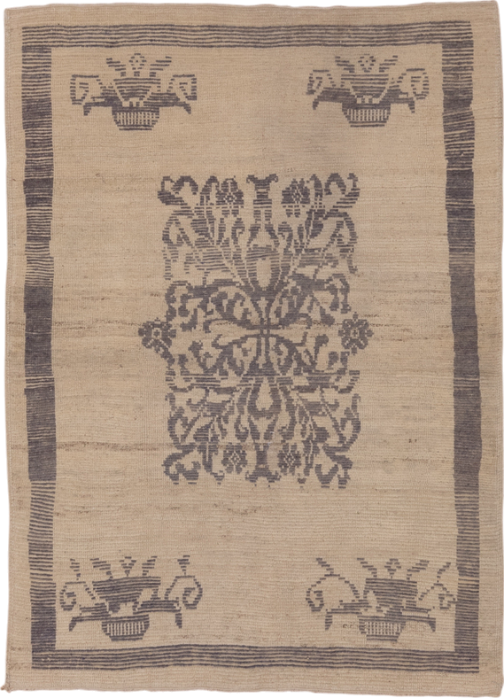 4' x 5' one-of-a-kind handmade vintage Tulu small size rug. Color palette: ivory, taupe, charcoal, beige, gray, black