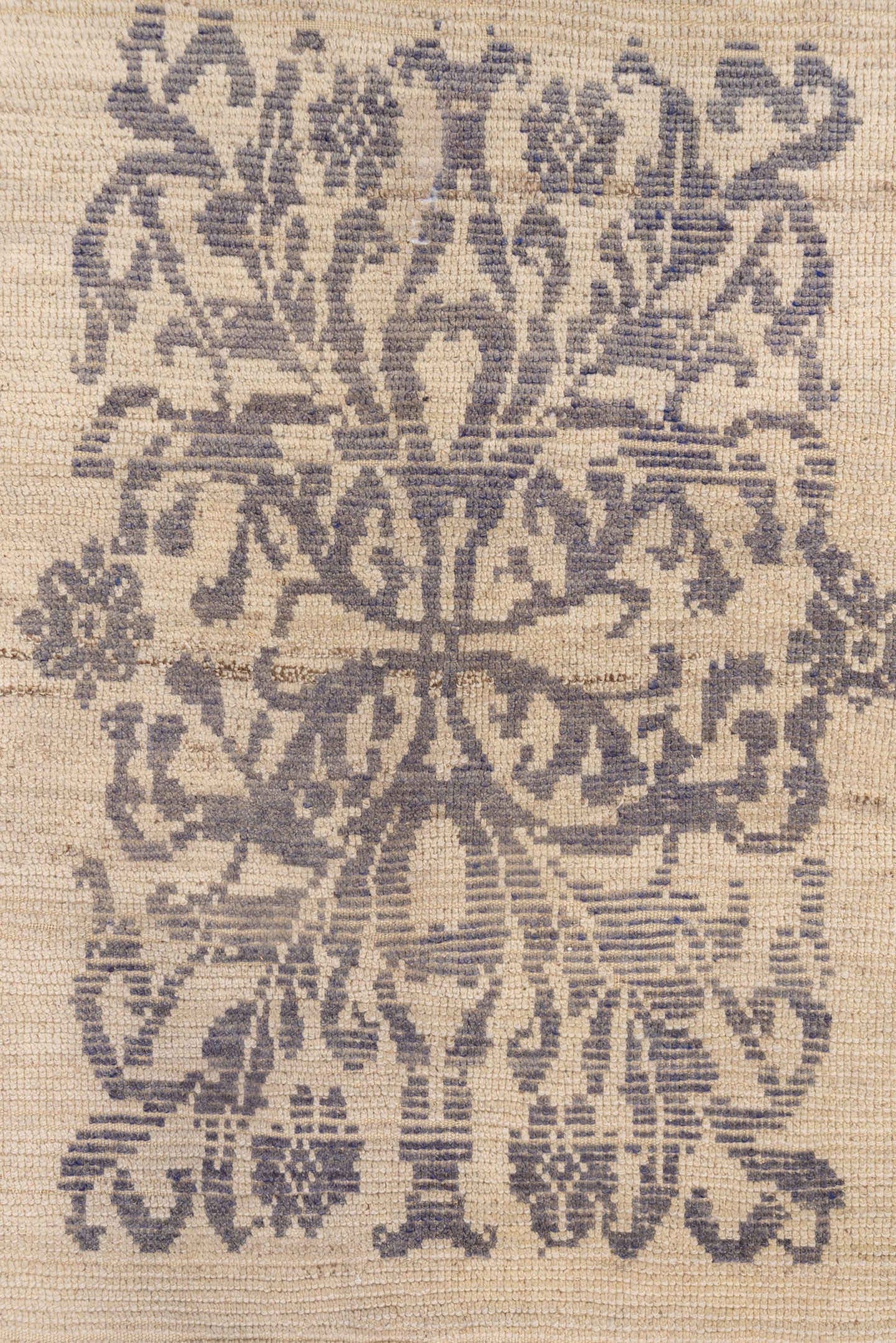 4' x 5' one-of-a-kind handmade vintage Tulu small size rug. Color palette: ivory, taupe, charcoal, beige, gray, black