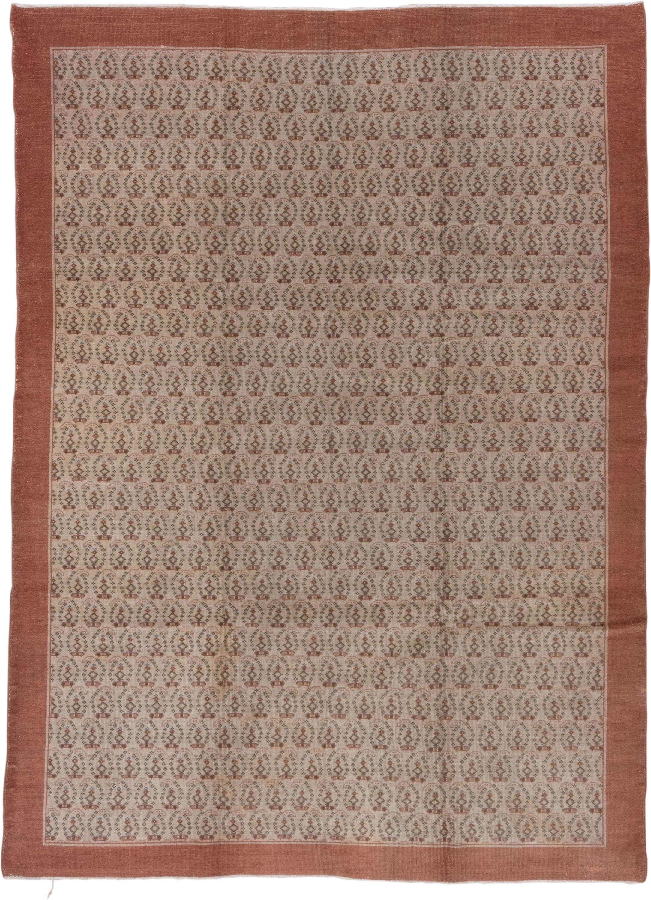 6' x 9' one-of-a-kind handmade vintage Oushak medium size rug. Color palette: dusty rose, ivory, taupe, brown, charcoal