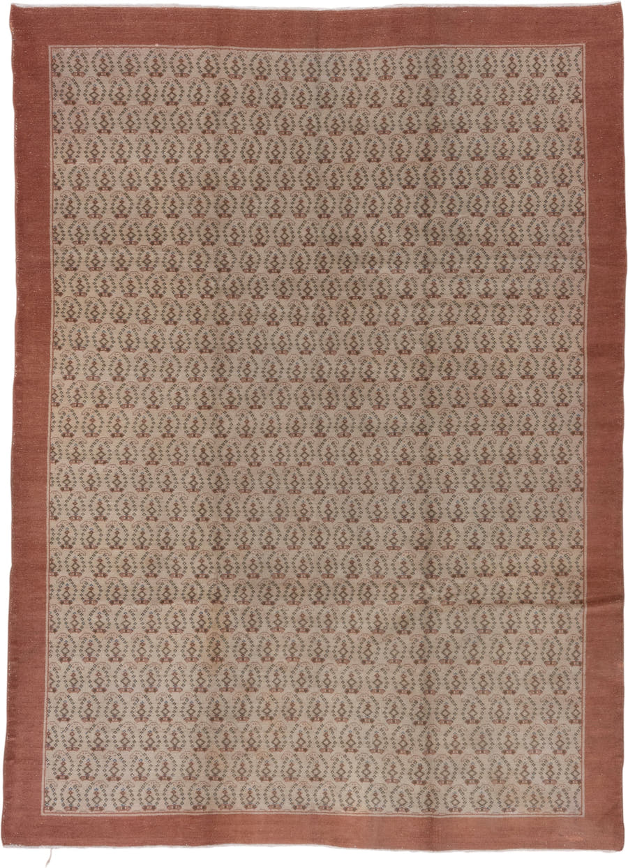 6' x 9' one-of-a-kind handmade vintage Oushak medium size rug. Color palette: dusty rose, ivory, taupe, brown, charcoal