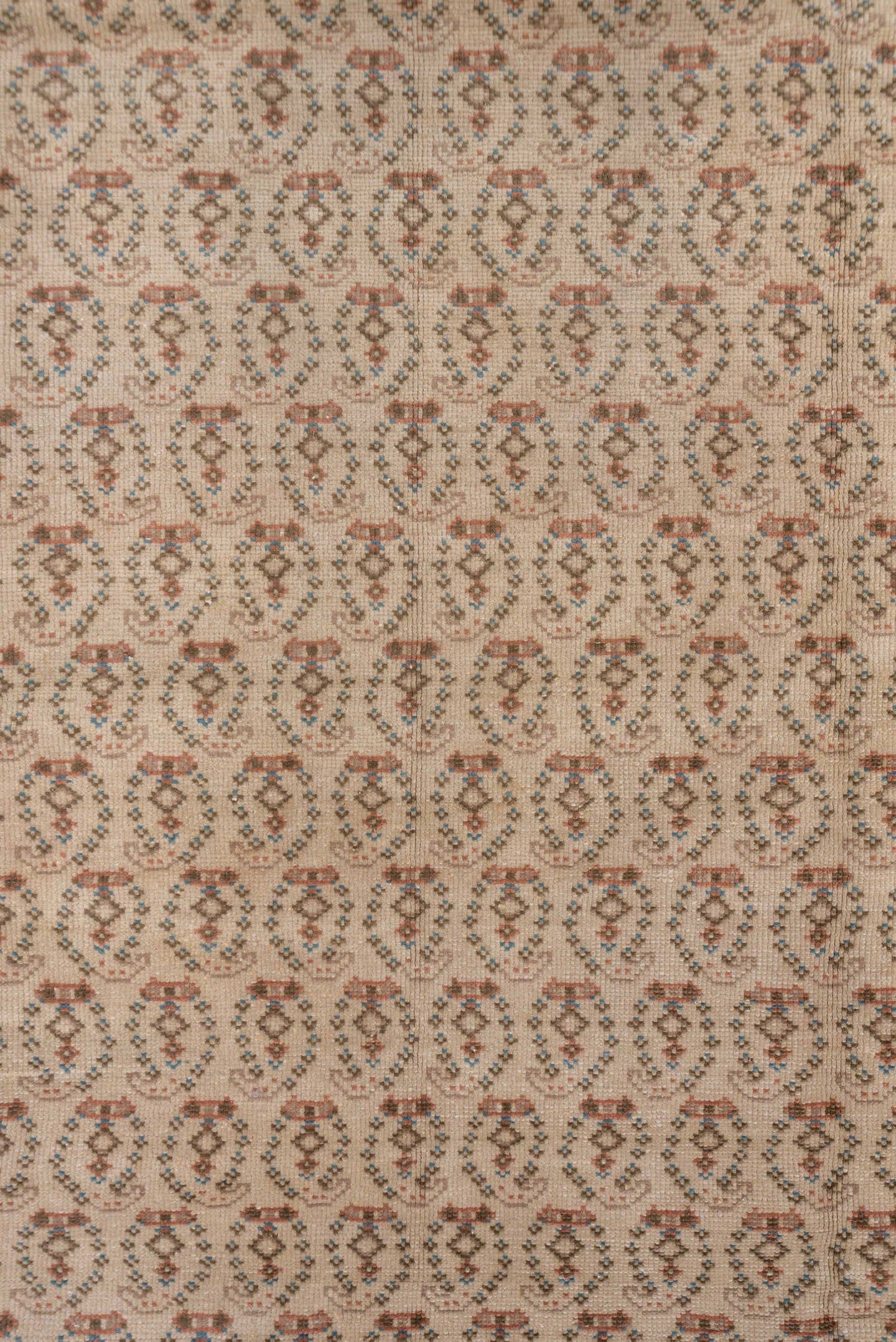 6' x 9' one-of-a-kind handmade vintage Oushak medium size rug. Color palette: dusty rose, ivory, taupe, brown, charcoal