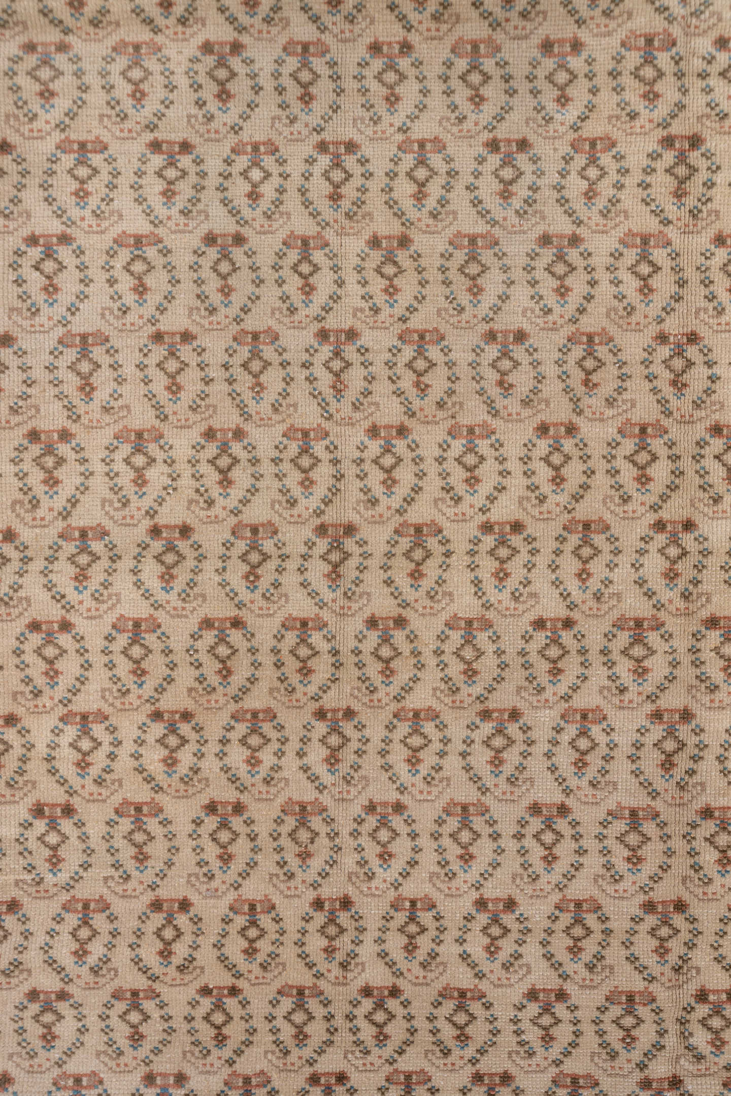 6' x 9' one-of-a-kind handmade vintage Oushak medium size rug. Color palette: dusty rose, ivory, taupe, brown, charcoal