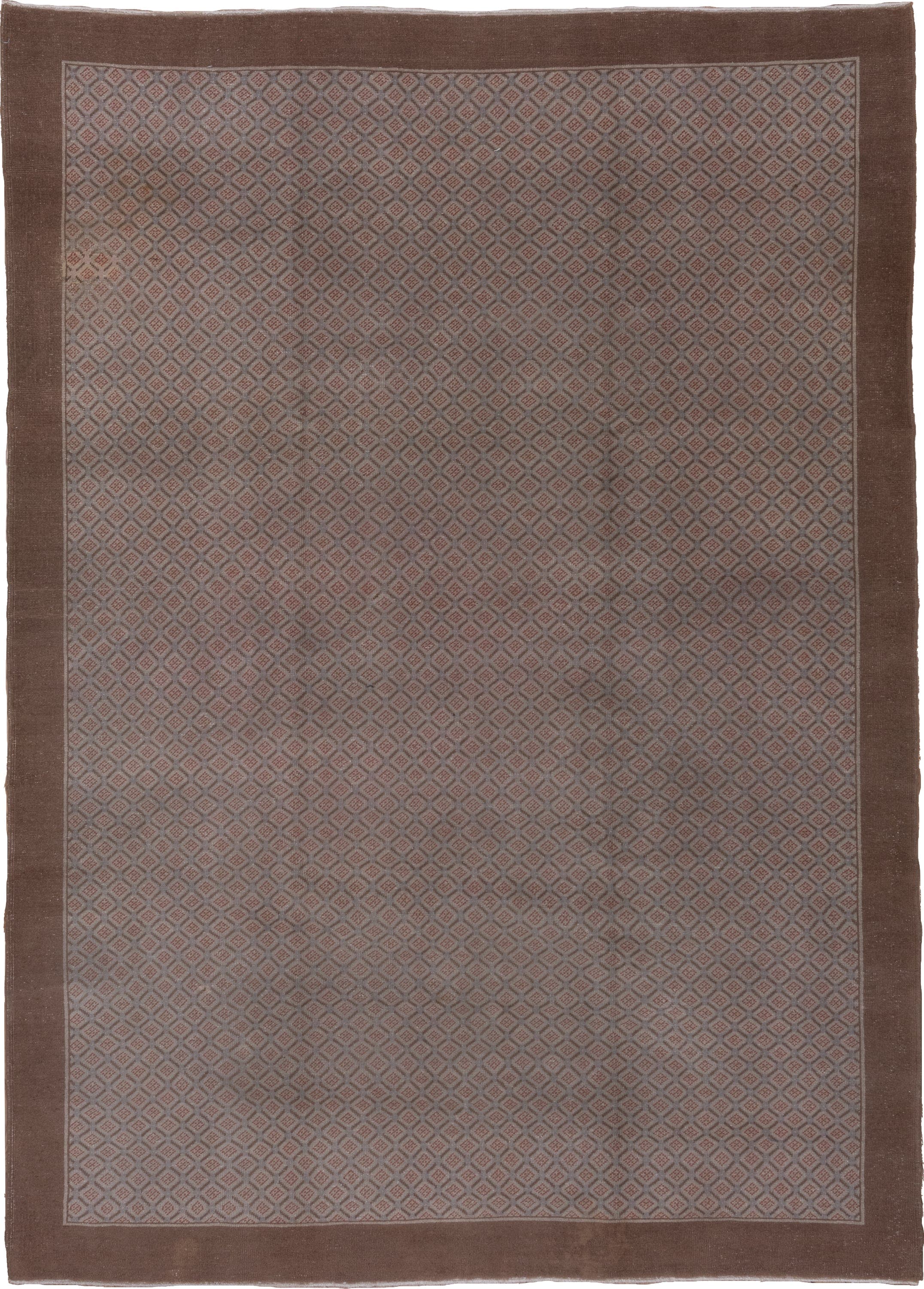 7' x 10' one-of-a-kind handmade vintage Oushak large size rug. Color palette: taupe, brown, rose, mauve, charcoal, beige