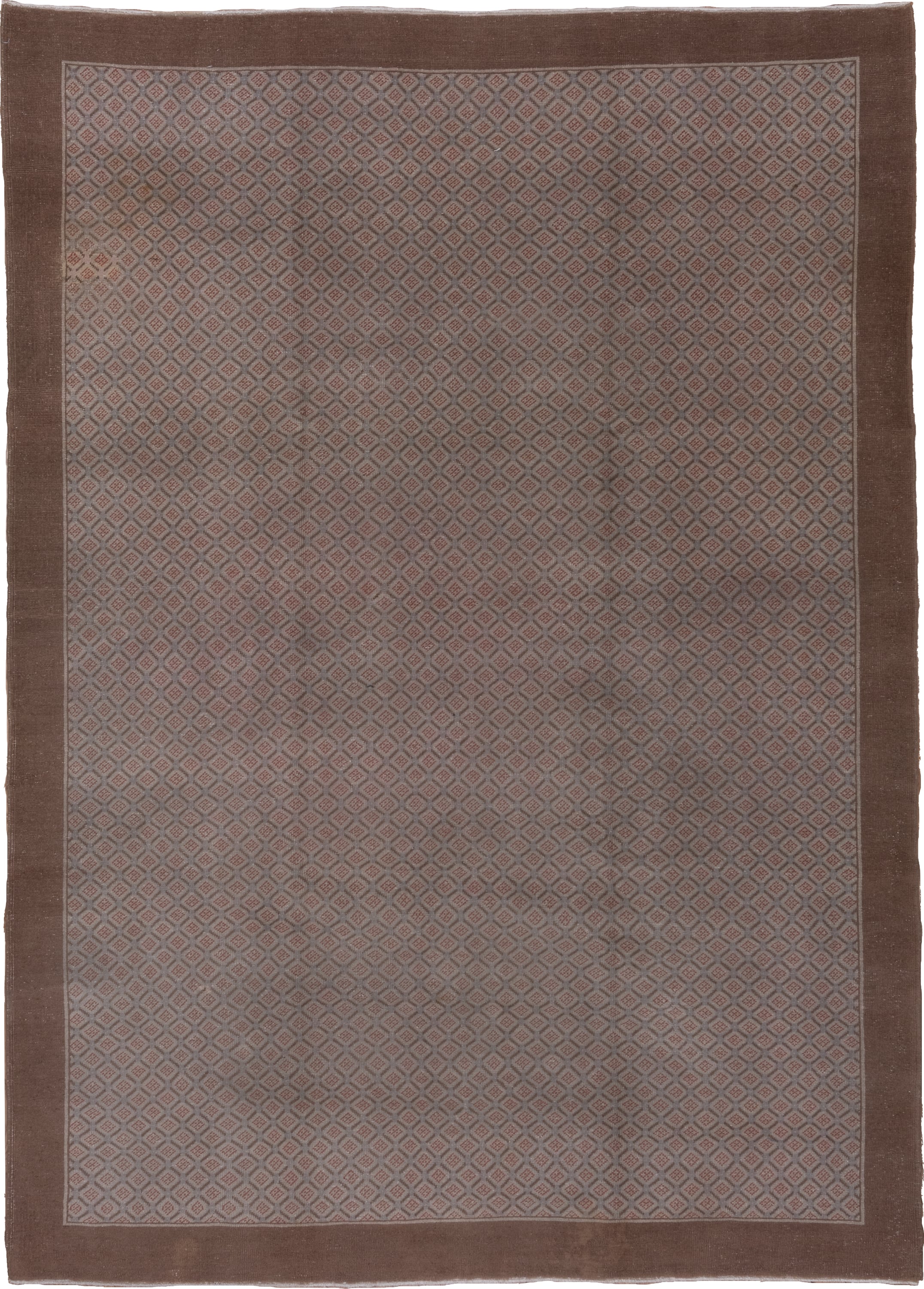7' x 10' one-of-a-kind handmade vintage Oushak large size rug. Color palette: taupe, brown, rose, mauve, charcoal, beige