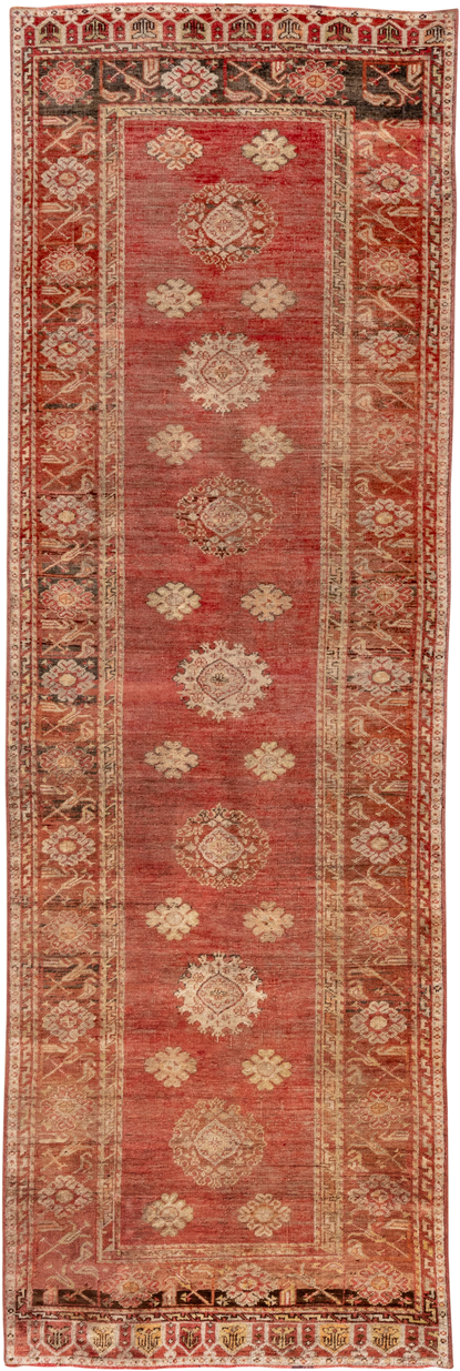 4' x 12' one-of-a-kind handmade vintage Oushak runner rug. Color palette: coral, ivory, rust, camel, brown, charcoal