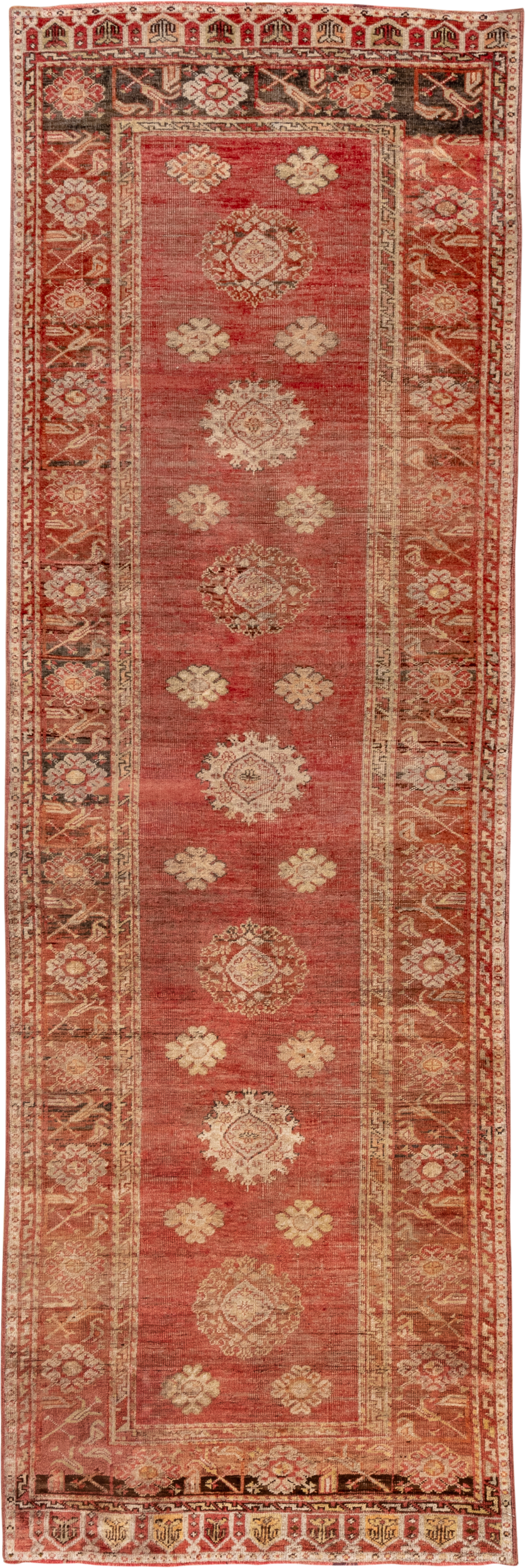 4' x 12' one-of-a-kind handmade vintage Oushak runner rug. Color palette: coral, ivory, rust, camel, brown, charcoal