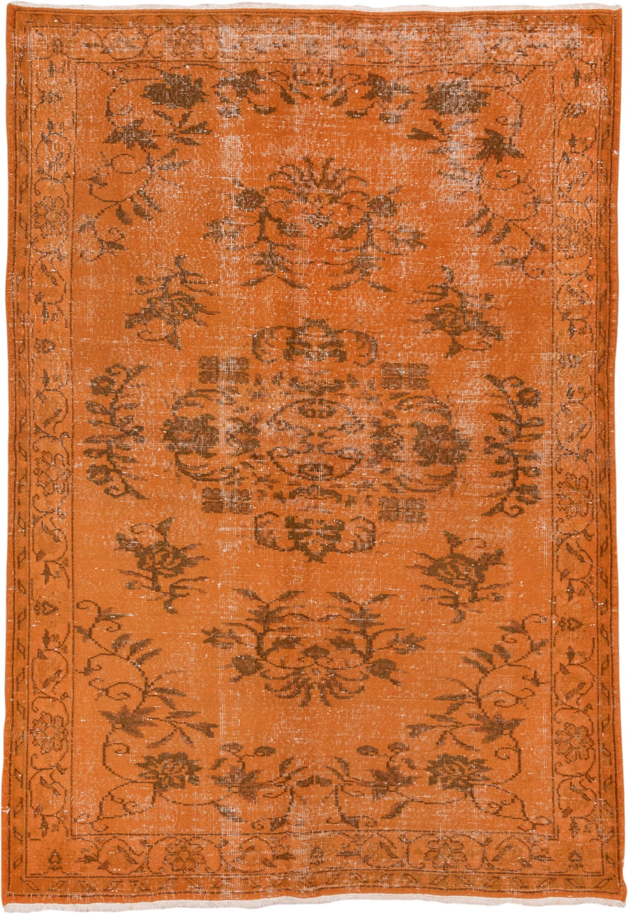 5' x 8' one-of-a-kind handmade vintage Overdyed medium size rug. Color palette: terra cotta, rust, sienna, camel, taupe