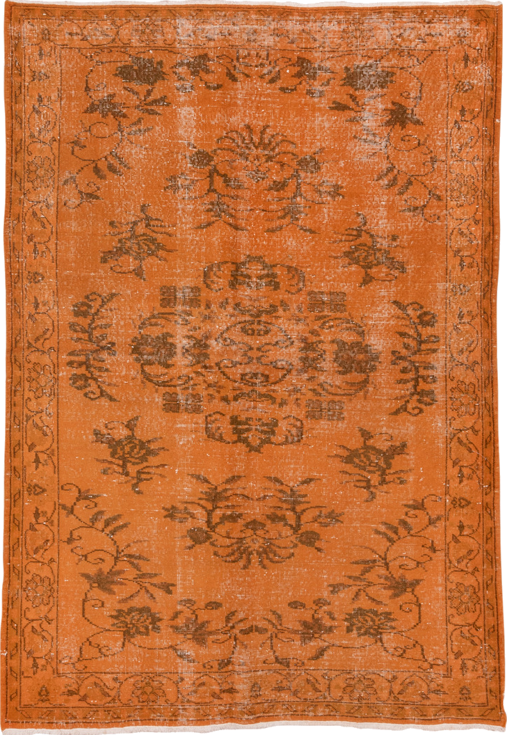 5' x 8' one-of-a-kind handmade vintage Overdyed medium size rug. Color palette: brown, off-white, orange, pink, saddle brown