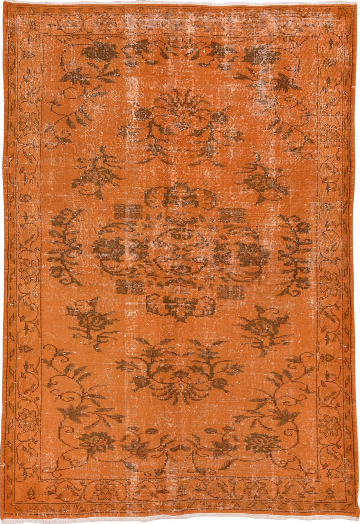 5' x 8' one-of-a-kind handmade vintage Overdyed medium size rug. Color palette: brown, off-white, orange, pink, saddle brown