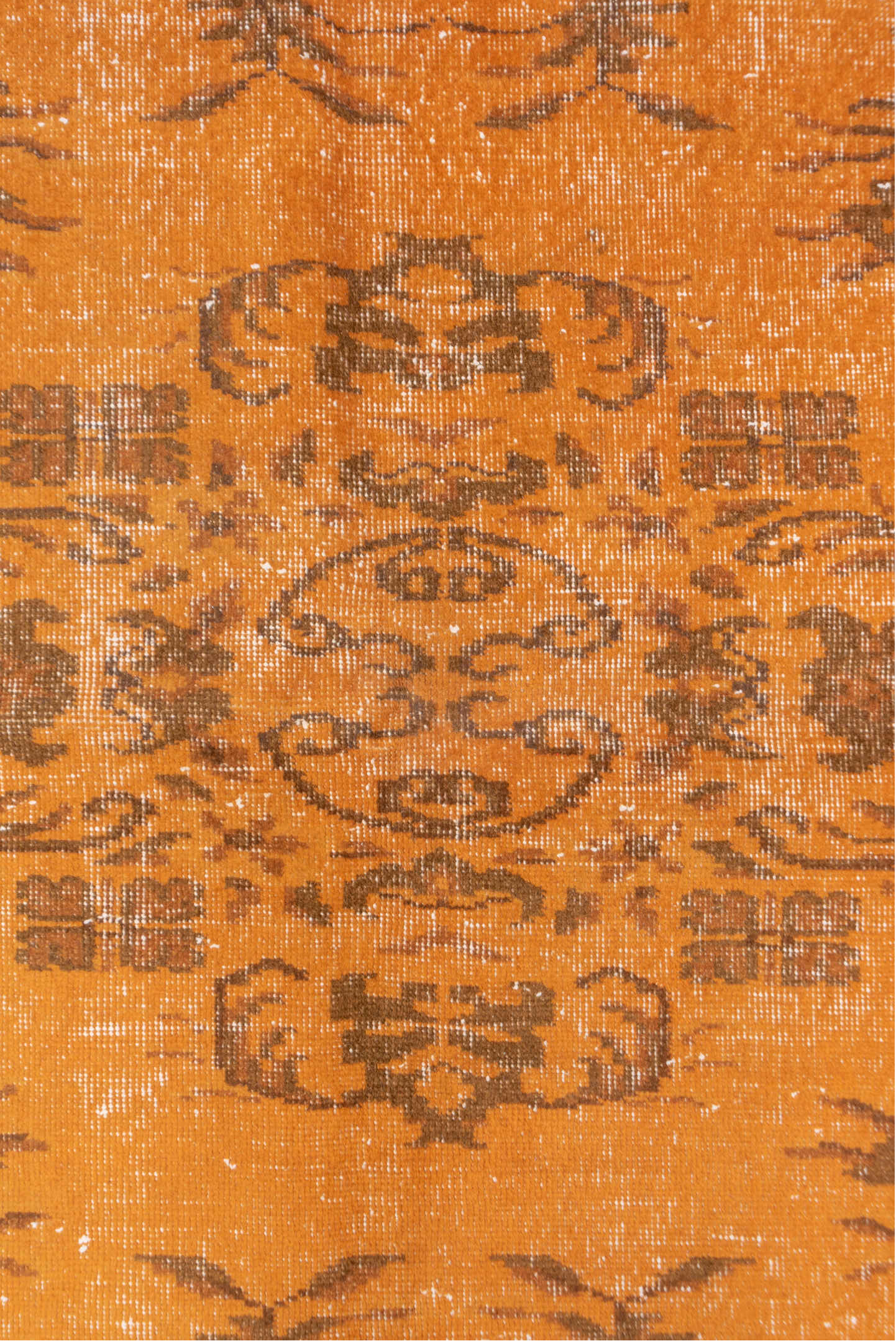 5' x 8' one-of-a-kind handmade vintage Overdyed medium size rug. Color palette: brown, off-white, orange, pink, saddle brown