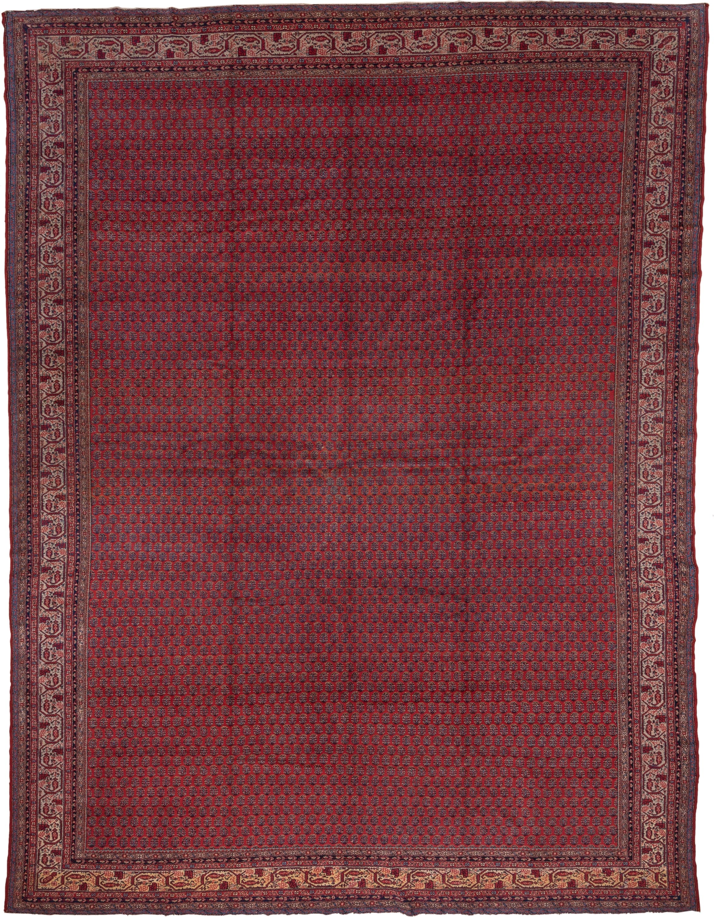 12' x 16' one-of-a-kind handmade antique Saraband oversize rug. Color palette: red, navy, ivory, burgundy, rust, camel, blue