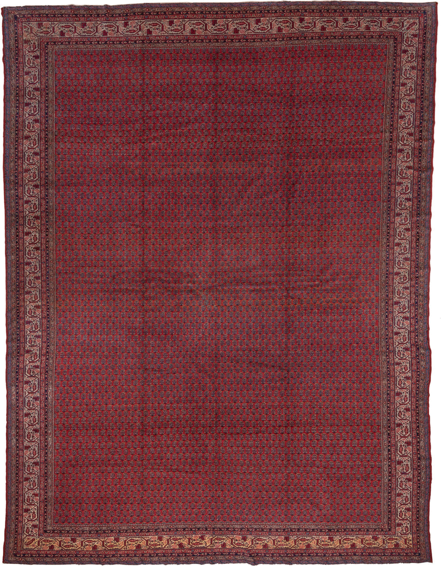 12' x 16' one-of-a-kind handmade antique Saraband oversize rug. Color palette: red, navy, ivory, burgundy, rust, camel, blue