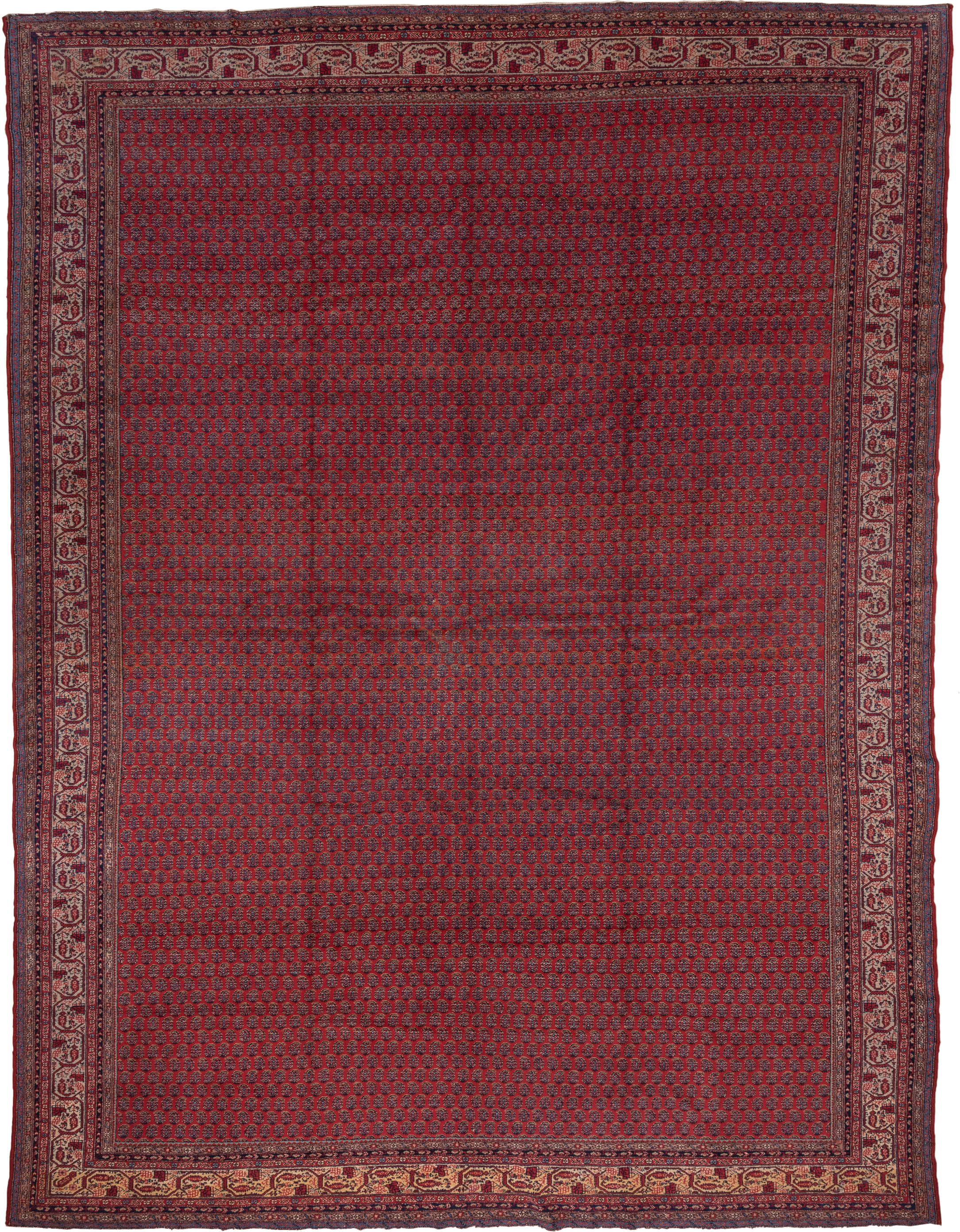 12' x 16' one-of-a-kind handmade antique Saraband oversize rug. Color palette: red, navy, ivory, burgundy, rust, camel, blue