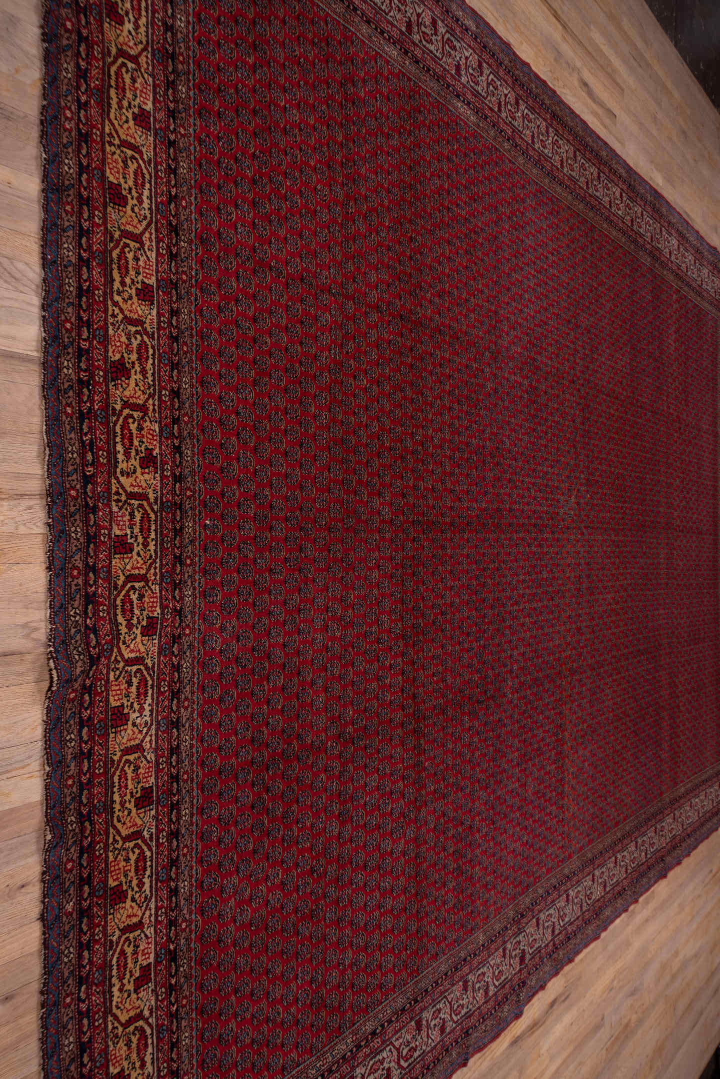 12' x 16' one-of-a-kind handmade antique Saraband oversize rug. Color palette: red, navy, ivory, burgundy, rust, camel, blue