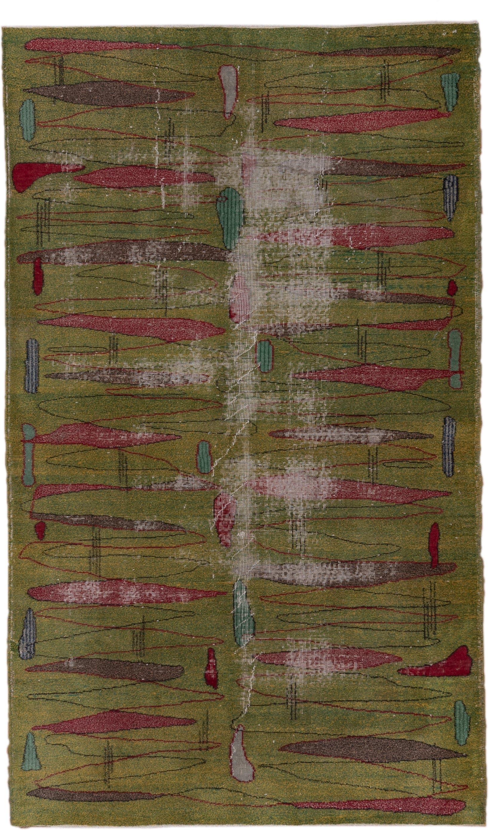 5' x 8' one-of-a-kind handmade vintage Art Deco medium size rug. Color palette: olive, rose, ivory, burgundy, taupe, teal