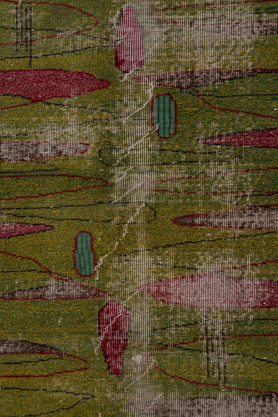 5' x 8' one-of-a-kind handmade vintage Art Deco medium size rug. Color palette: olive, rose, ivory, burgundy, taupe, teal