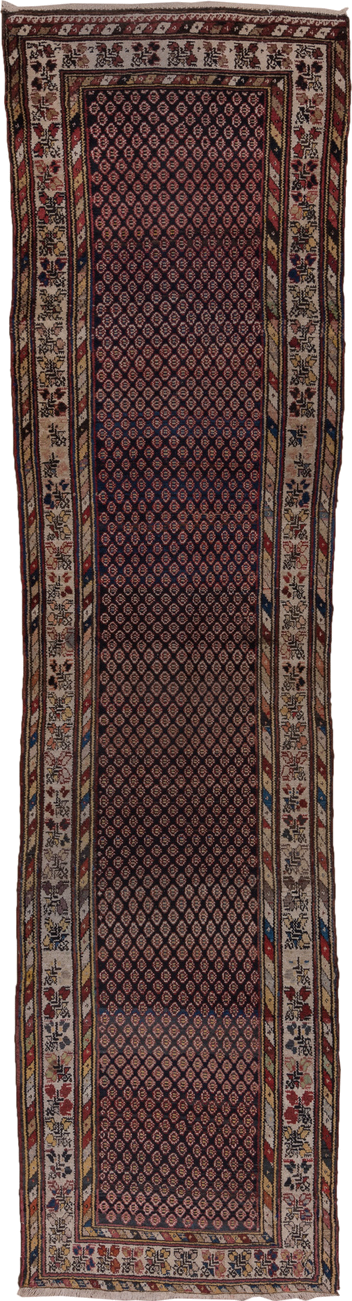 3' x 12' one-of-a-kind handmade antique Malayer runner rug. Color palette: navy, ivory, rust, burgundy, camel, indigo, gold