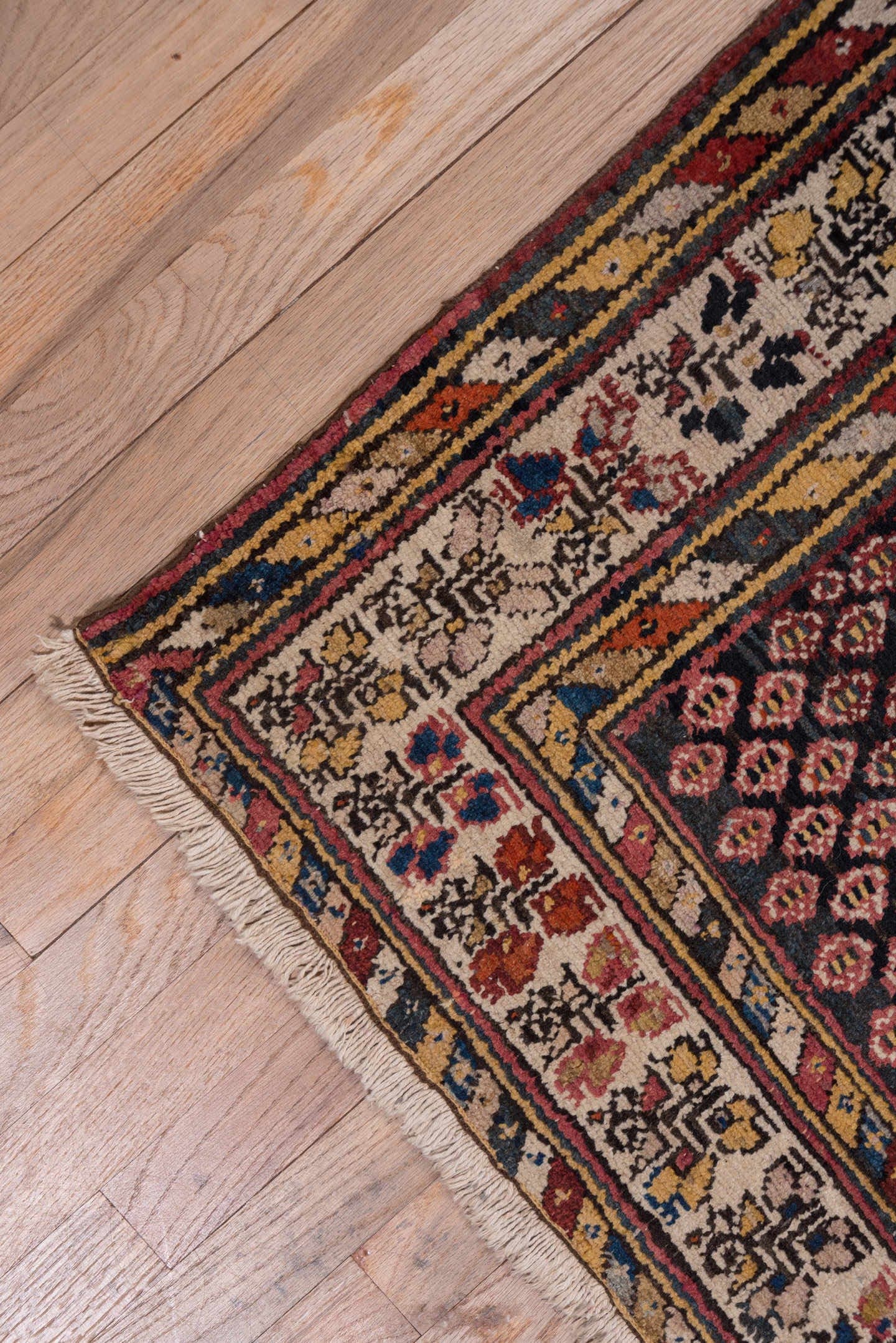 3' x 12' one-of-a-kind handmade antique Malayer runner rug. Color palette: navy, ivory, rust, burgundy, camel, indigo, gold