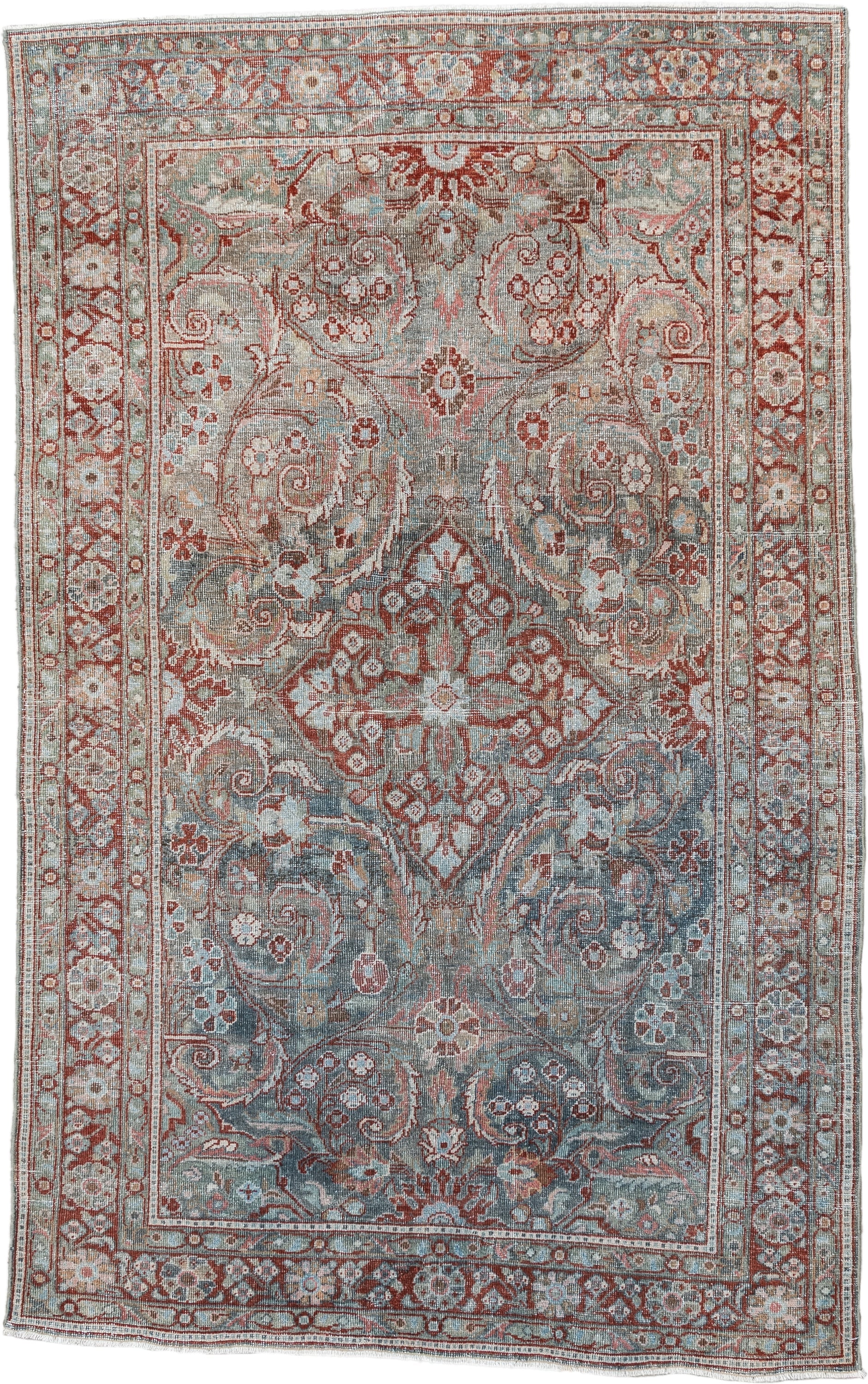 4' x 6' one-of-a-kind handmade antique Mahal rug. Color palette: blue gray, terracotta, ivory, sage, taupe, rust, gray, blue