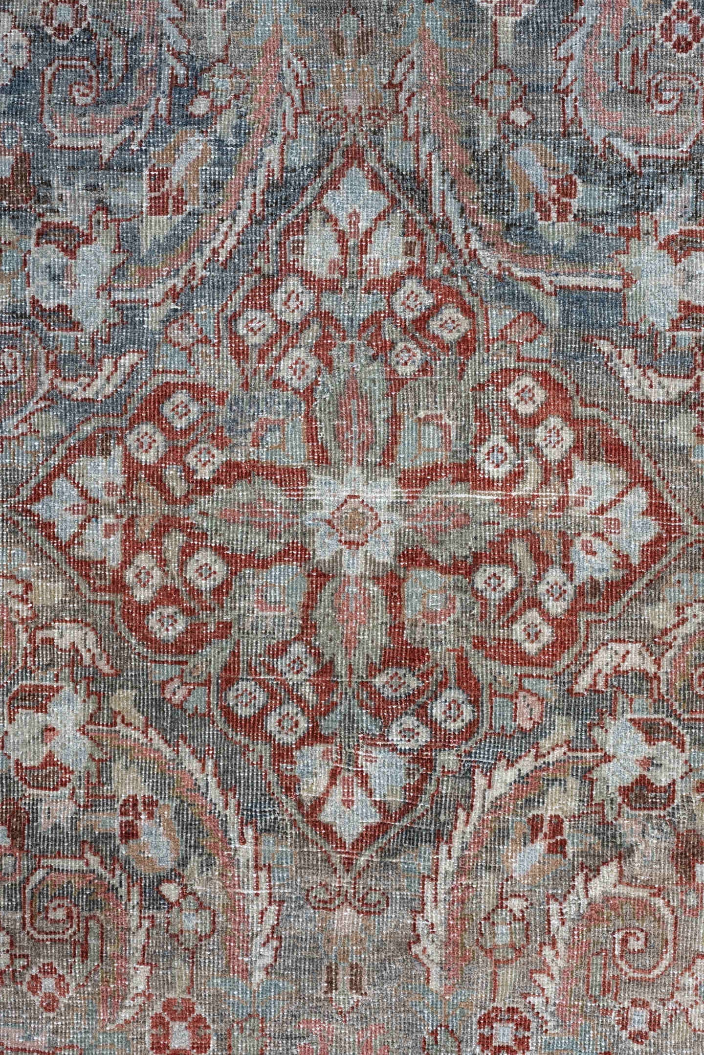 4' x 6' one-of-a-kind handmade antique Mahal rug. Color palette: blue gray, terracotta, ivory, sage, taupe, rust, gray, blue