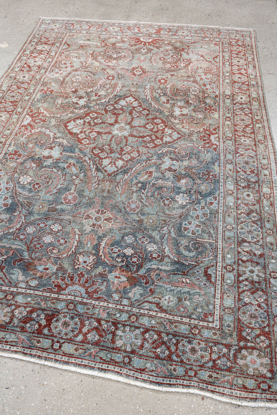 4' x 6' one-of-a-kind handmade antique Mahal rug. Color palette: blue gray, terracotta, ivory, sage, taupe, rust, gray, blue