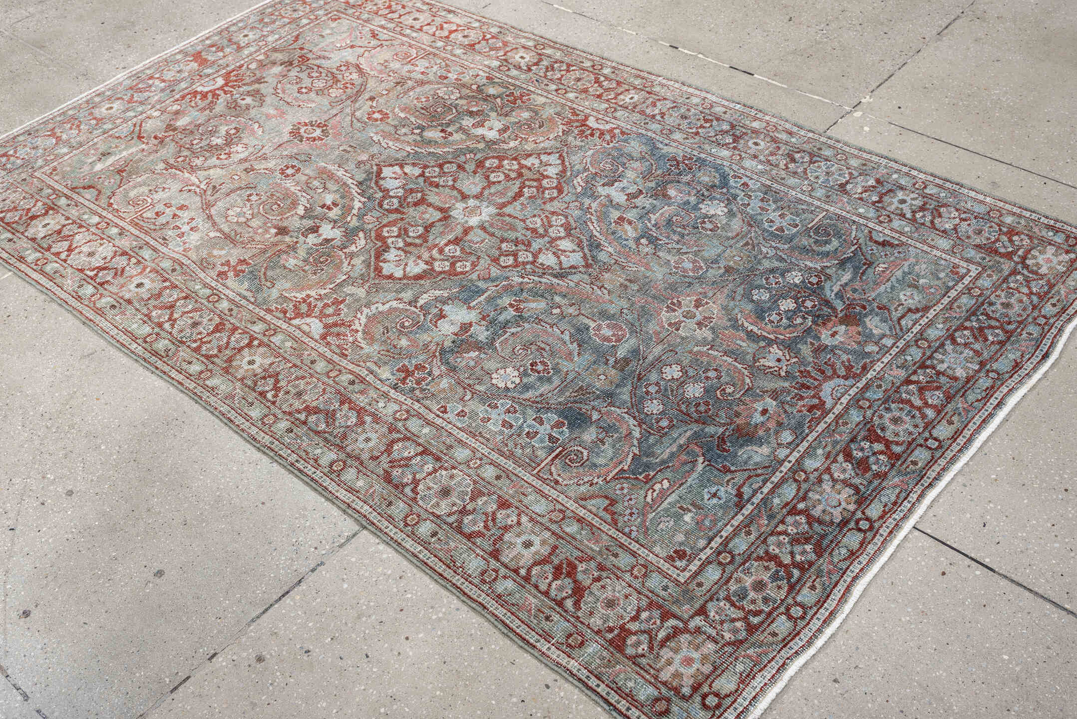 4' x 6' one-of-a-kind handmade antique Mahal rug. Color palette: blue gray, terracotta, ivory, sage, taupe, rust, gray, blue