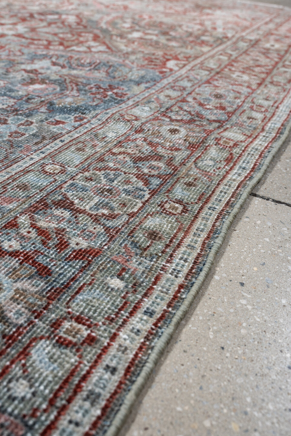 4' x 6' one-of-a-kind handmade antique Mahal rug. Color palette: blue gray, terracotta, ivory, sage, taupe, rust, gray, blue