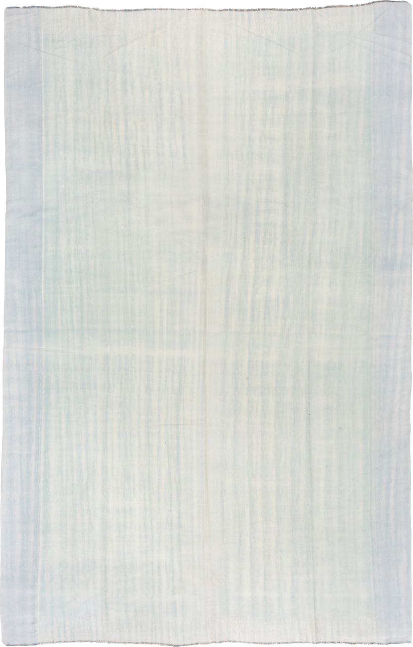 9' x 14' one-of-a-kind handmade antique Dhurrie large size rug. Color palette: ivory, pale blue, sky blue, light blue