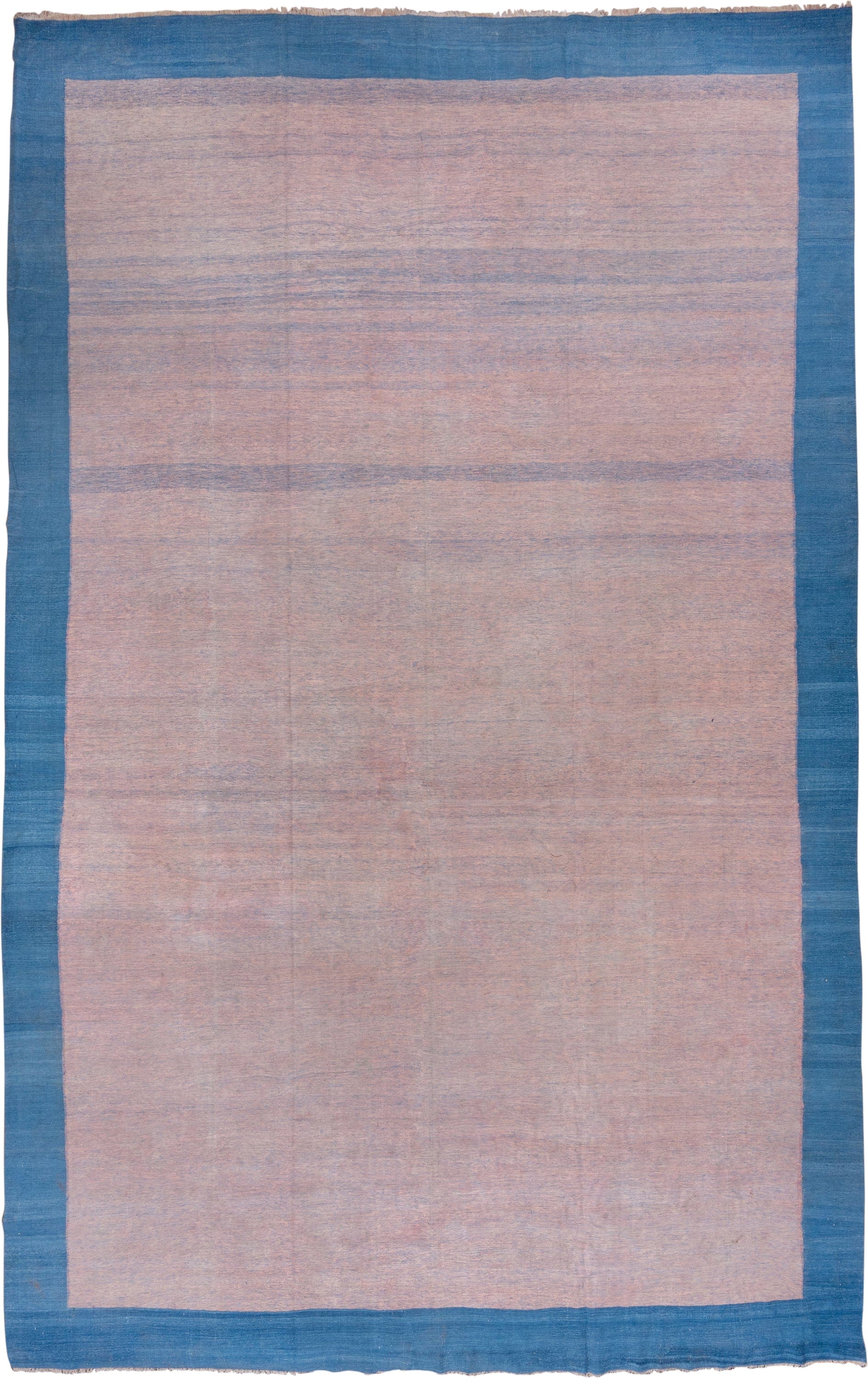 12' x 19' one-of-a-kind handmade vintage Dhurrie oversize rug. Color palette: blush, blue, powder blue, rose, pink