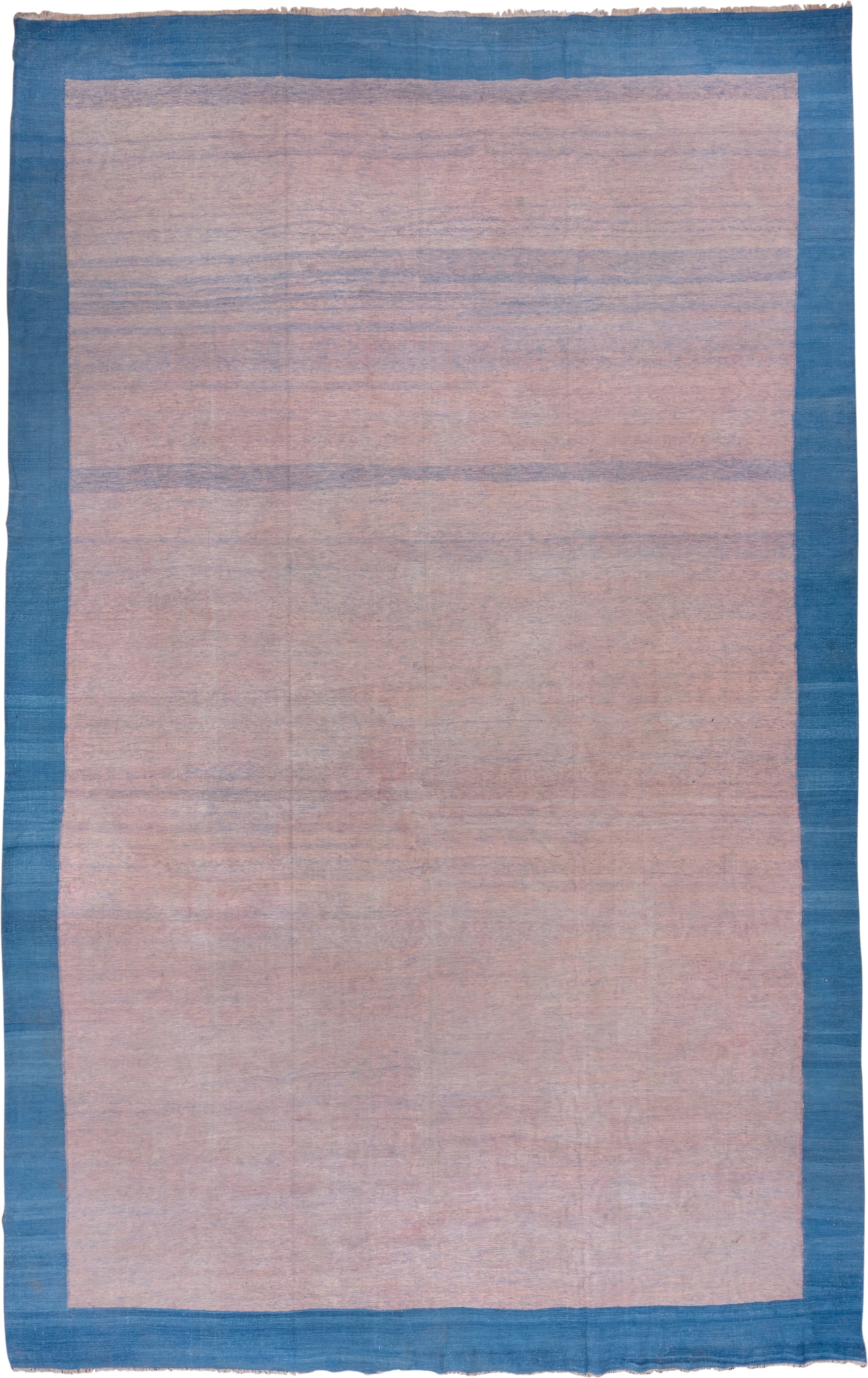 12' x 19' one-of-a-kind handmade vintage Dhurrie oversize rug. Color palette: blush, blue, powder blue, rose, pink