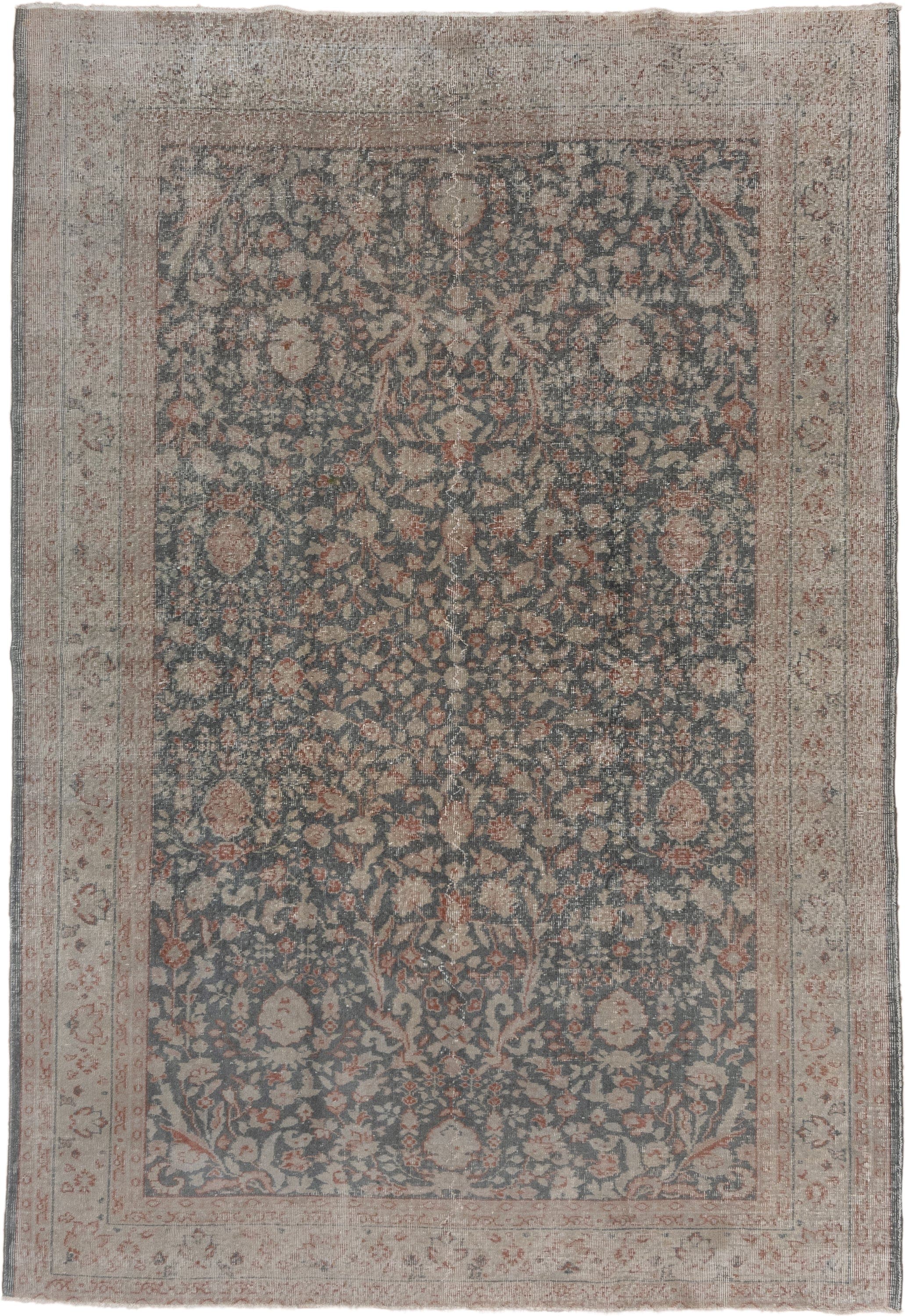 7' x 10' one-of-a-kind handmade vintage Oushak large size rug. Color palette: blue-gray, ivory, blush, taupe, rose, slate