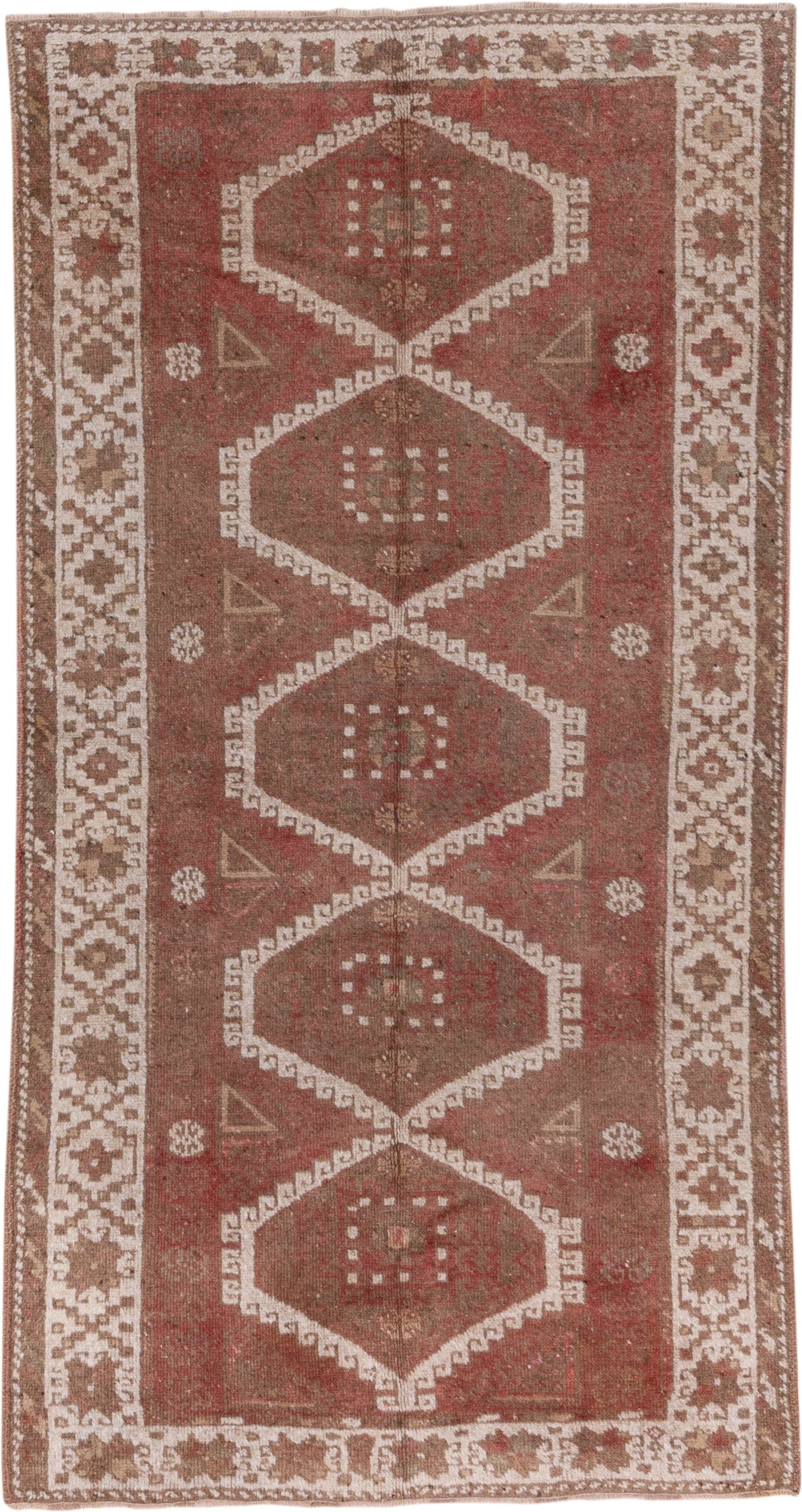 4' x 8' one-of-a-kind handmade vintage Oushak rug. Color palette: rust, ivory, taupe, brown, terracotta, beige, gray