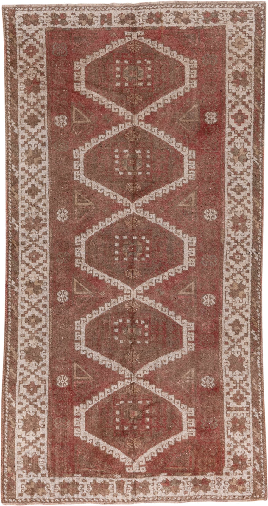 4' x 8' one-of-a-kind handmade vintage Oushak rug. Color palette: rust, ivory, taupe, brown, terracotta, beige, gray